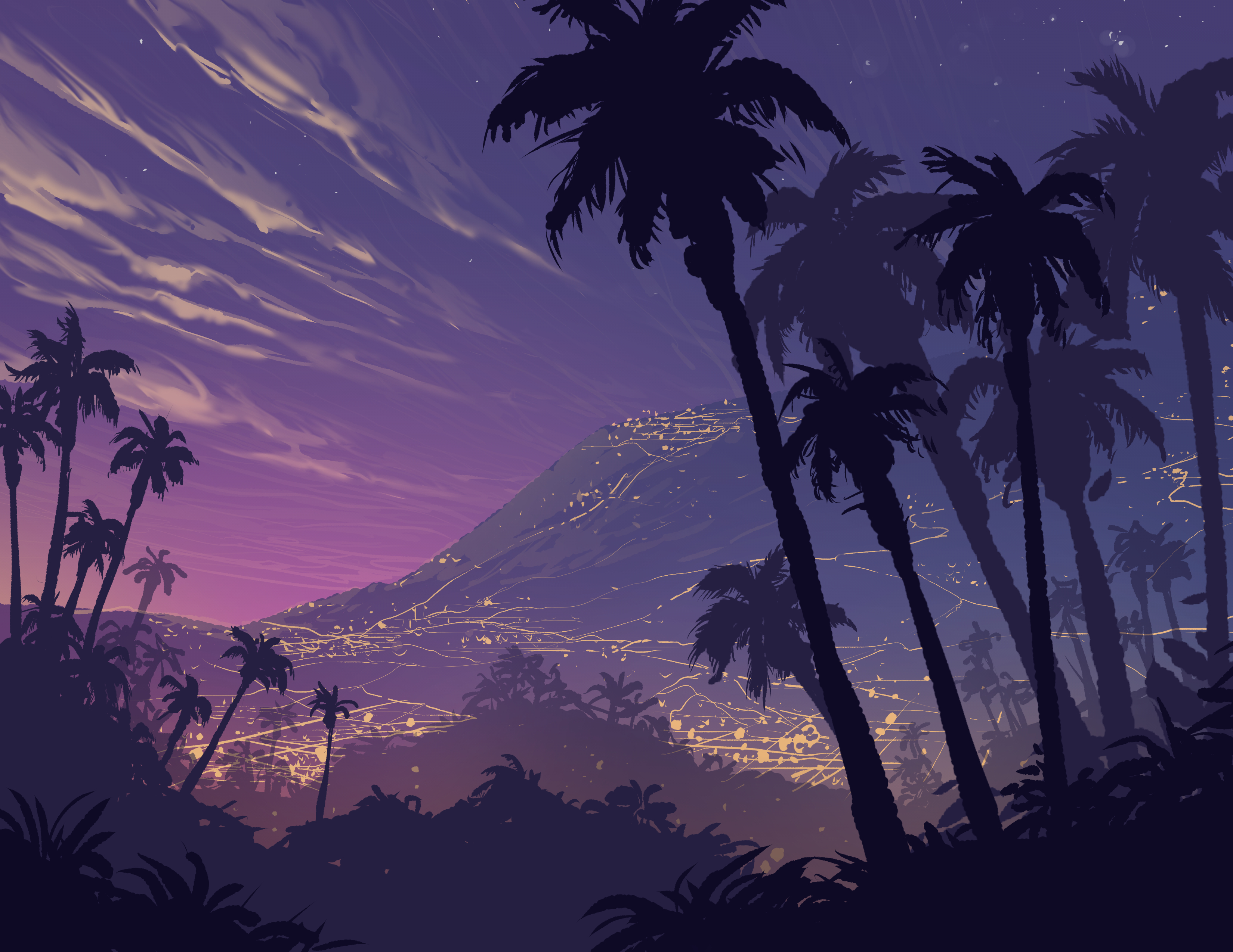 art, mountains, landscape, night, palms, shadows