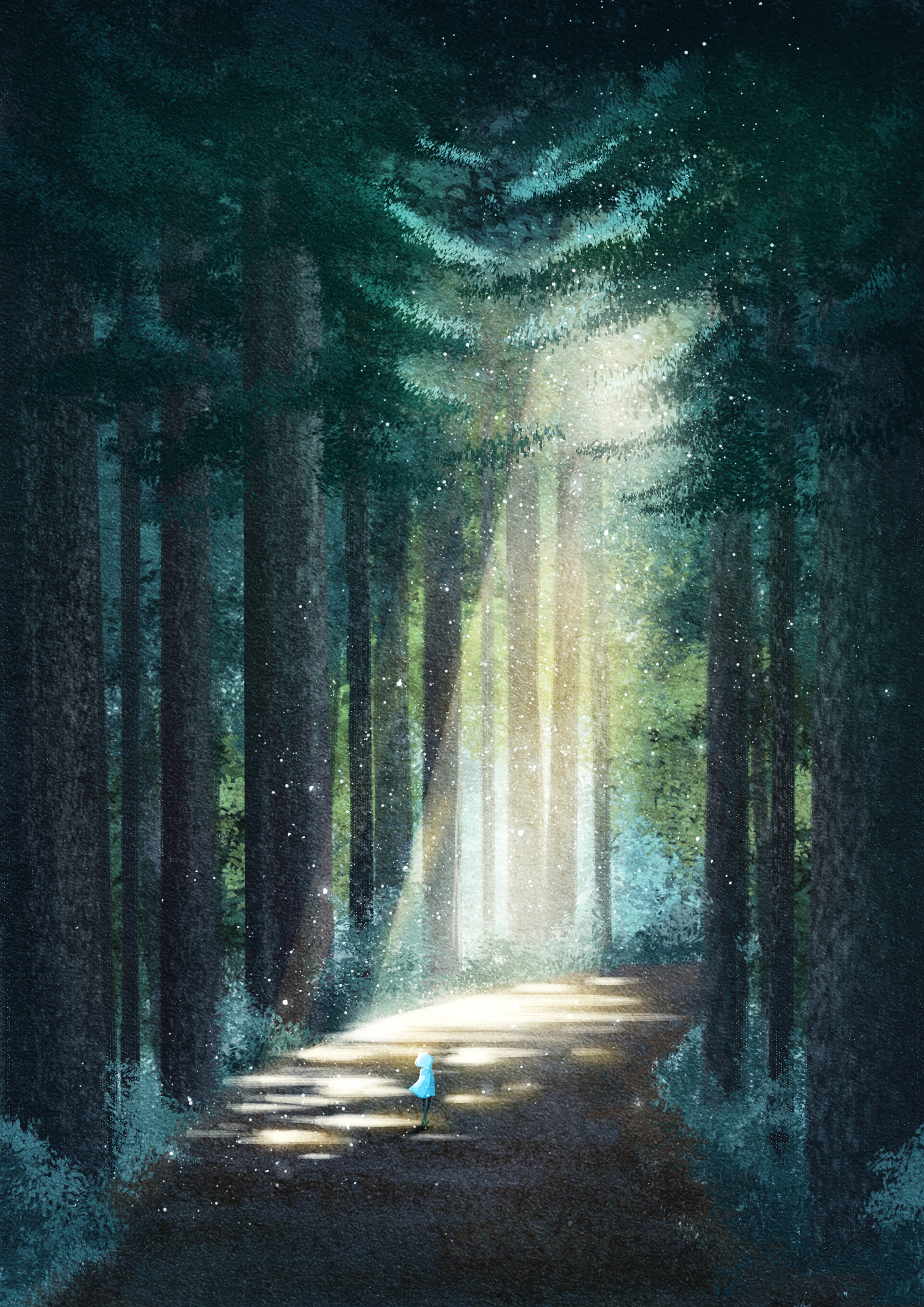 Download mobile wallpaper Road, Forest, Silhouette, Shine, Light, Art for free.