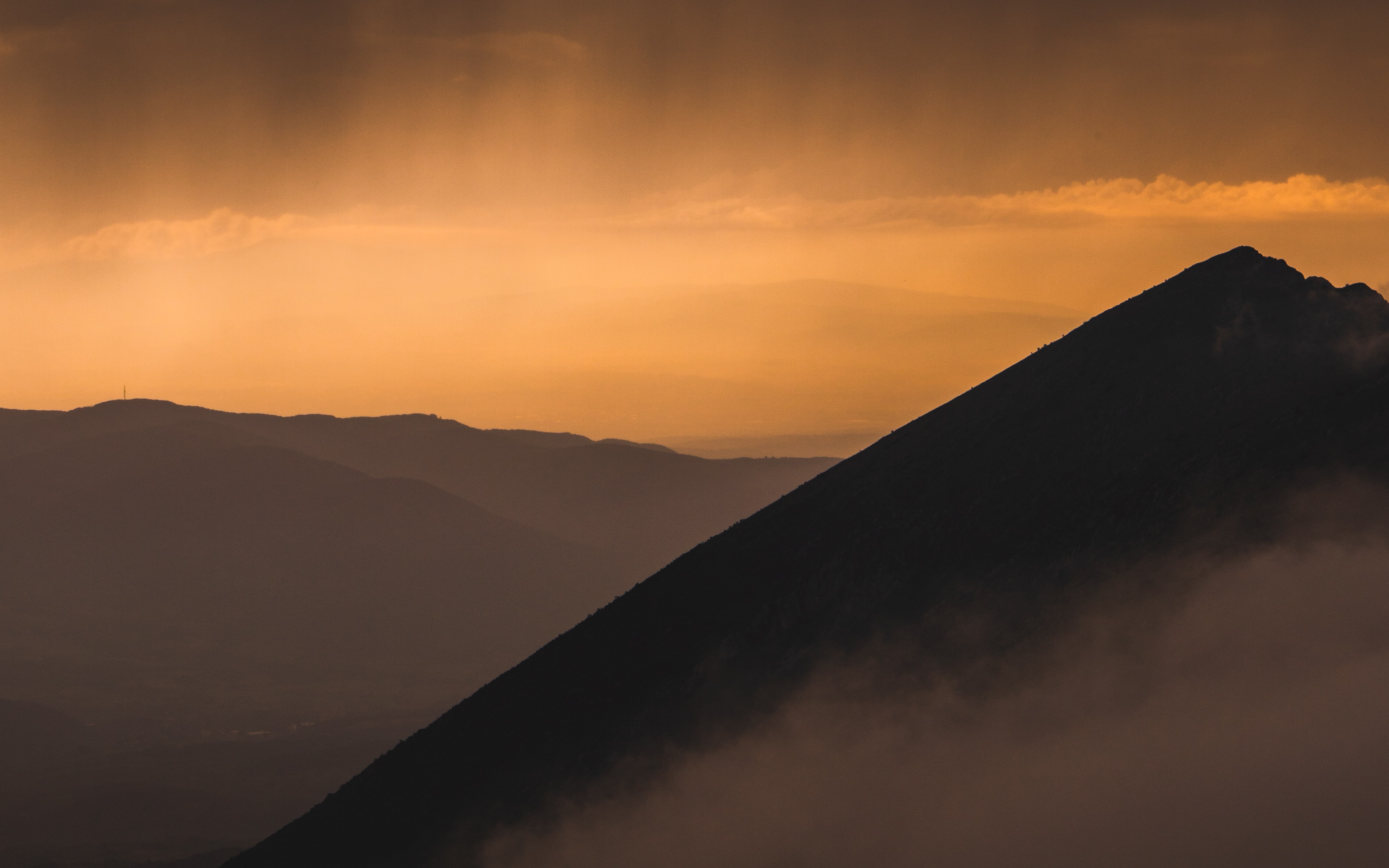 Free download wallpaper Nature, Sunset, Sky, Mountain, Vertex, Top, Fog on your PC desktop
