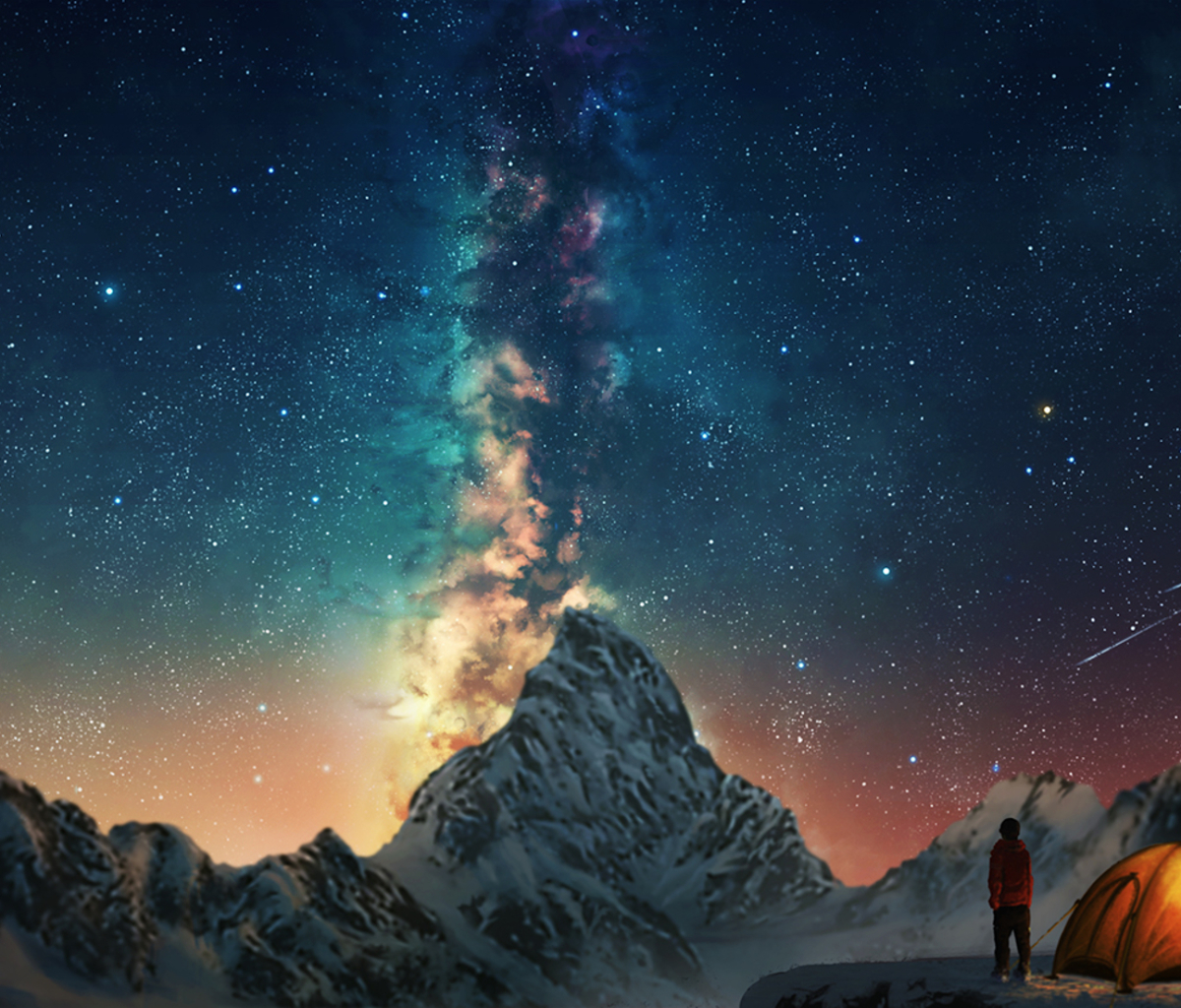 Laden Sie das Fantasie, Sterne, Schnee, Berg, Gebirge, Camping, Himmel, Südlicht-Bild kostenlos auf Ihren PC-Desktop herunter