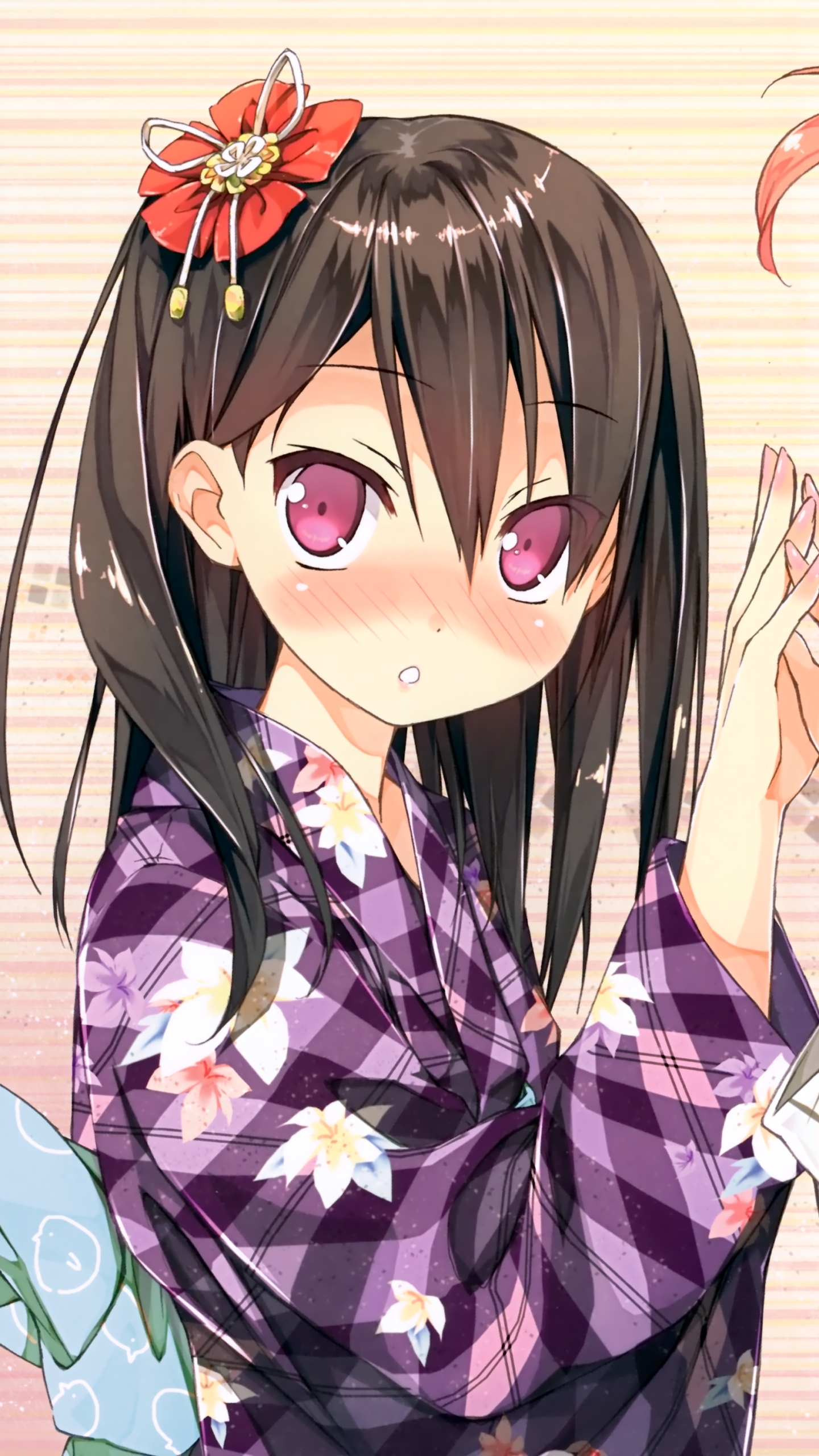 Download mobile wallpaper Anime, Girl, Kimono, Pink Hair, Blush, Long Hair, Brown Hair, Pink Eyes for free.