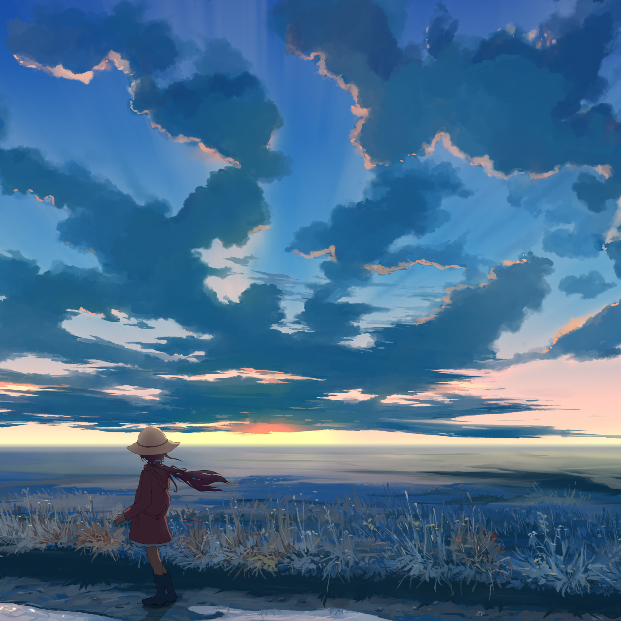 Free download wallpaper Anime, Nature, Sunset, Sky, Horizon, Cloud, Child, Hat, Original on your PC desktop