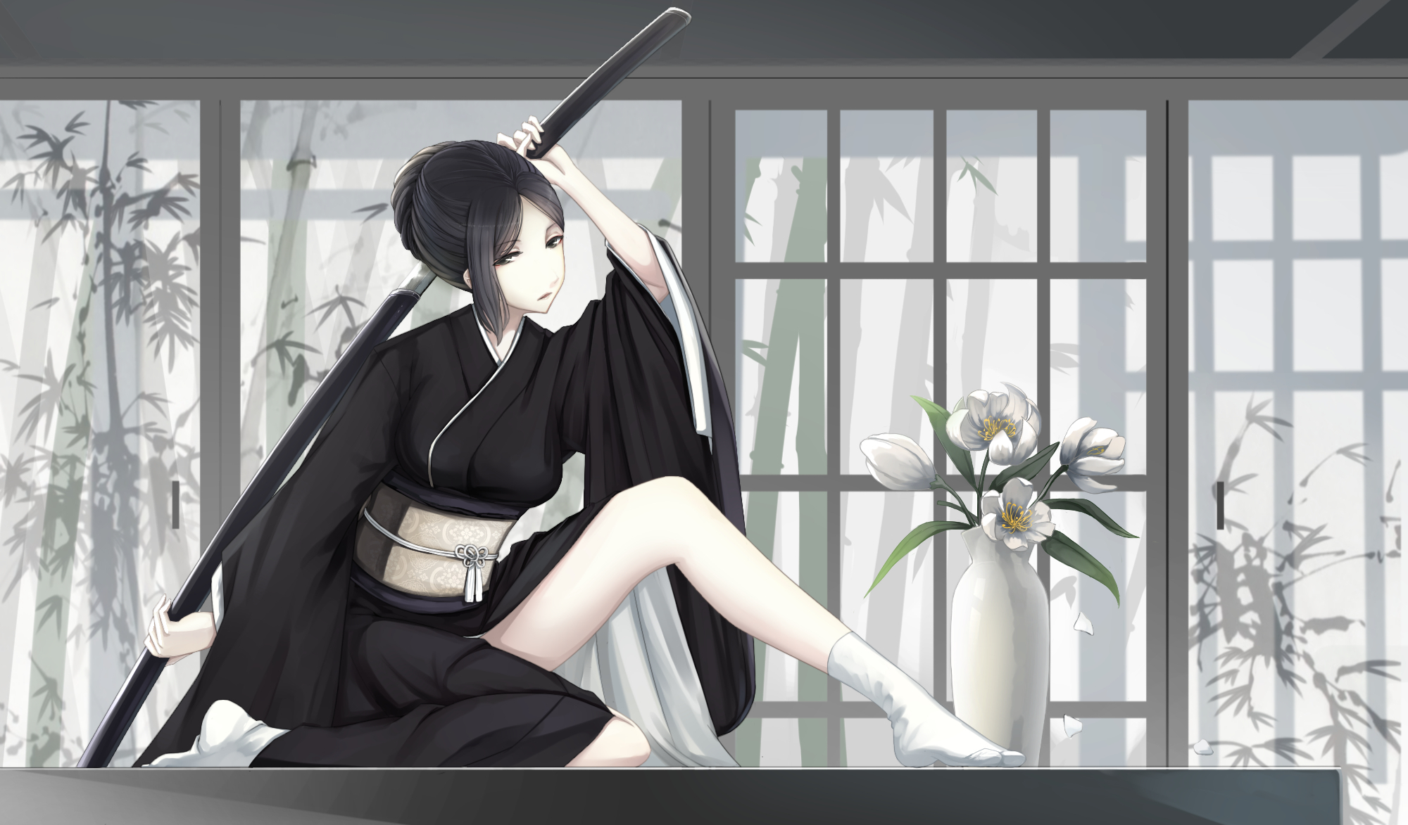 Laden Sie das Blume, Kimono, Schwert, Original, Animes, Schwarzes Haar, Kurzes Haar, Schwarze Augen-Bild kostenlos auf Ihren PC-Desktop herunter