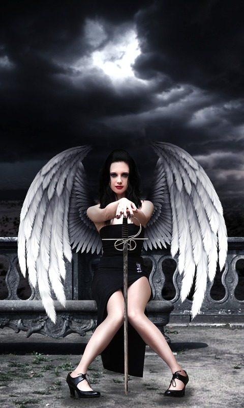 Download mobile wallpaper Gothic, Dark, Wings, Angel, Sword, Black Hair, Black Dress for free.