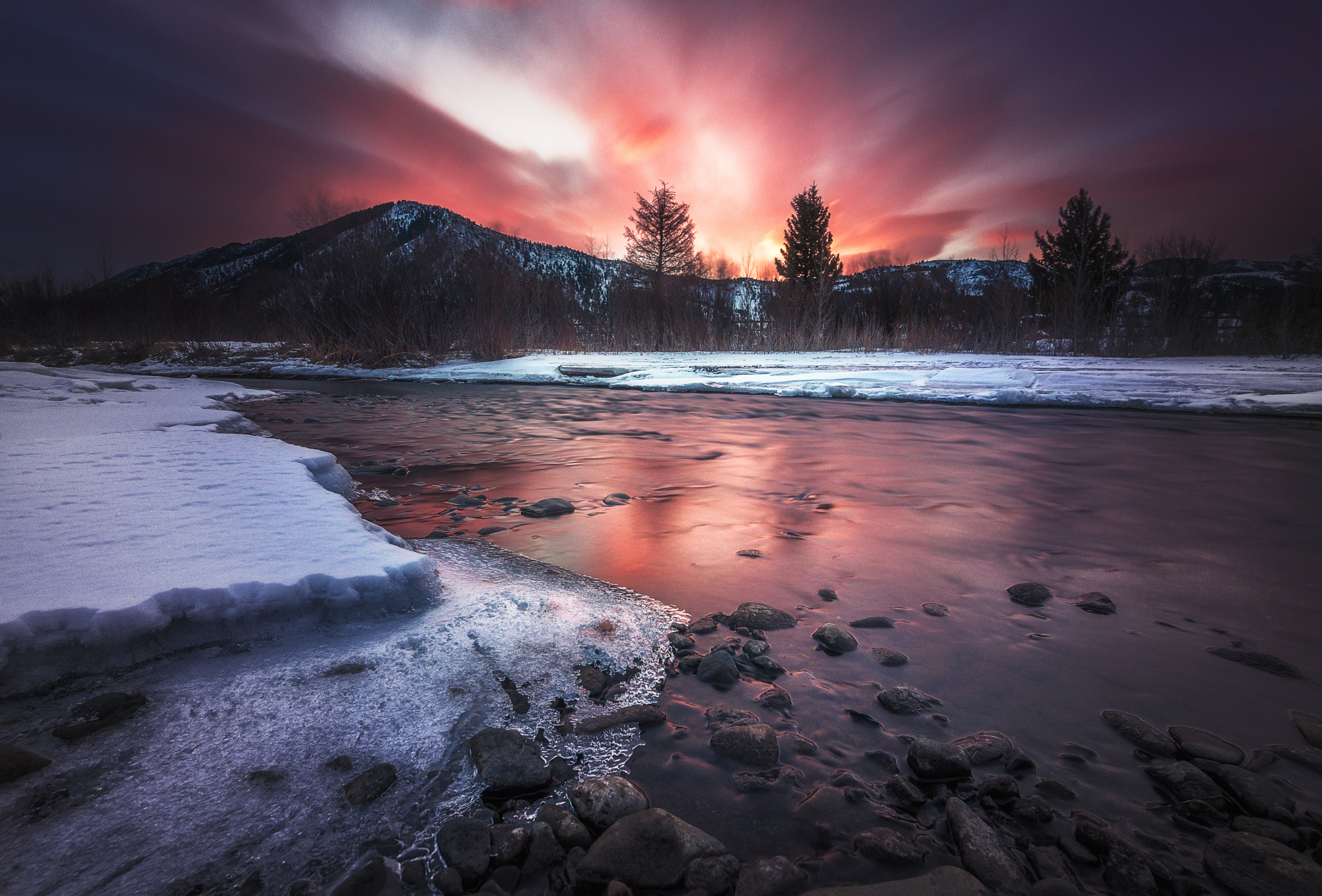 Download mobile wallpaper Landscape, Winter, Nature, Sunset, Ice, Snow, Earth, River for free.