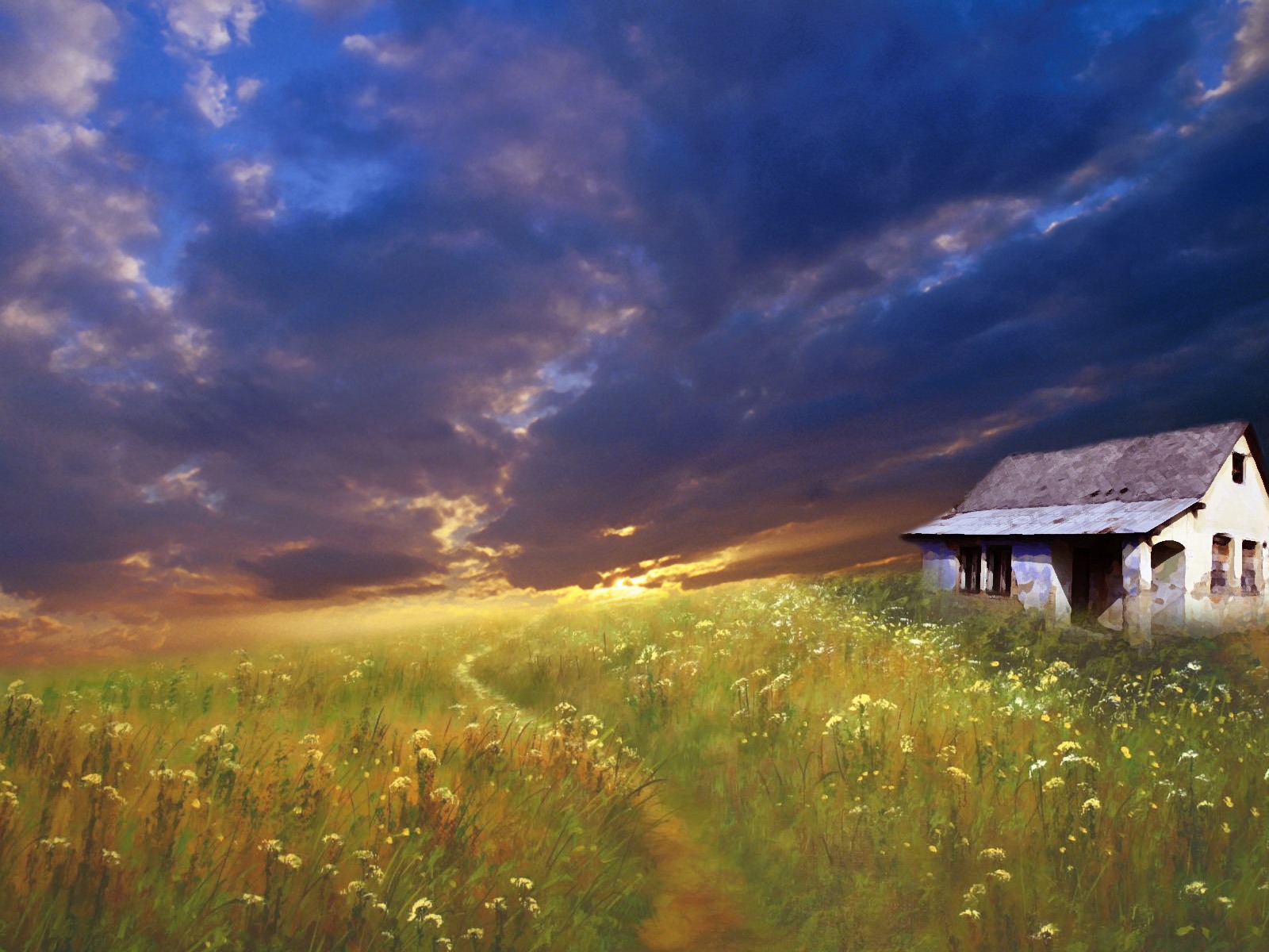 Handy-Wallpaper Sommer, Haus, Feld, Malerei, Wolke, Künstlerisch kostenlos herunterladen.