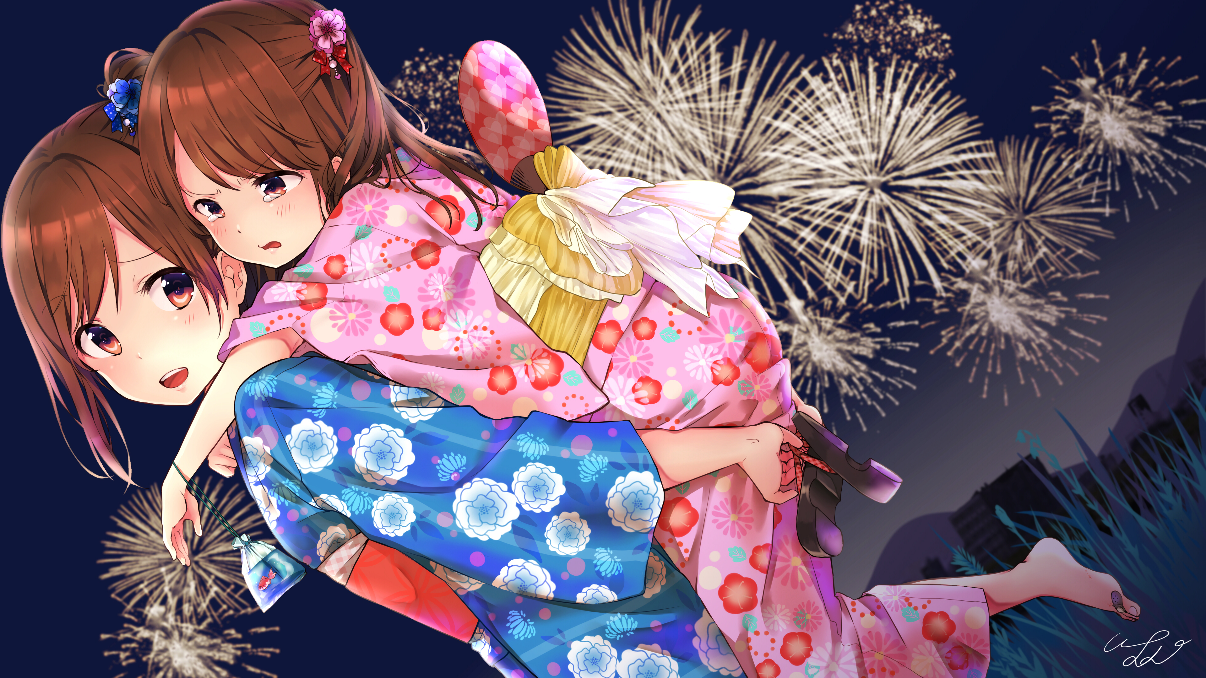 Laden Sie das Blume, Süß, Kimono, Feuerwerk, Nacht, Original, Animes, Braune Haare-Bild kostenlos auf Ihren PC-Desktop herunter