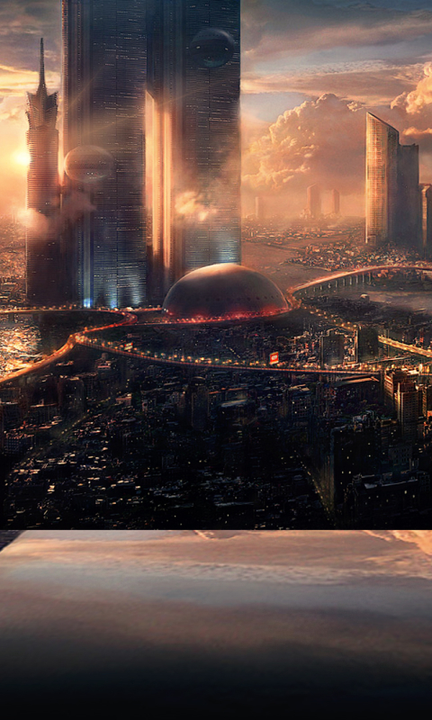 Download mobile wallpaper Sunset, City, Reflection, Robot, Sci Fi, Futuristic City for free.