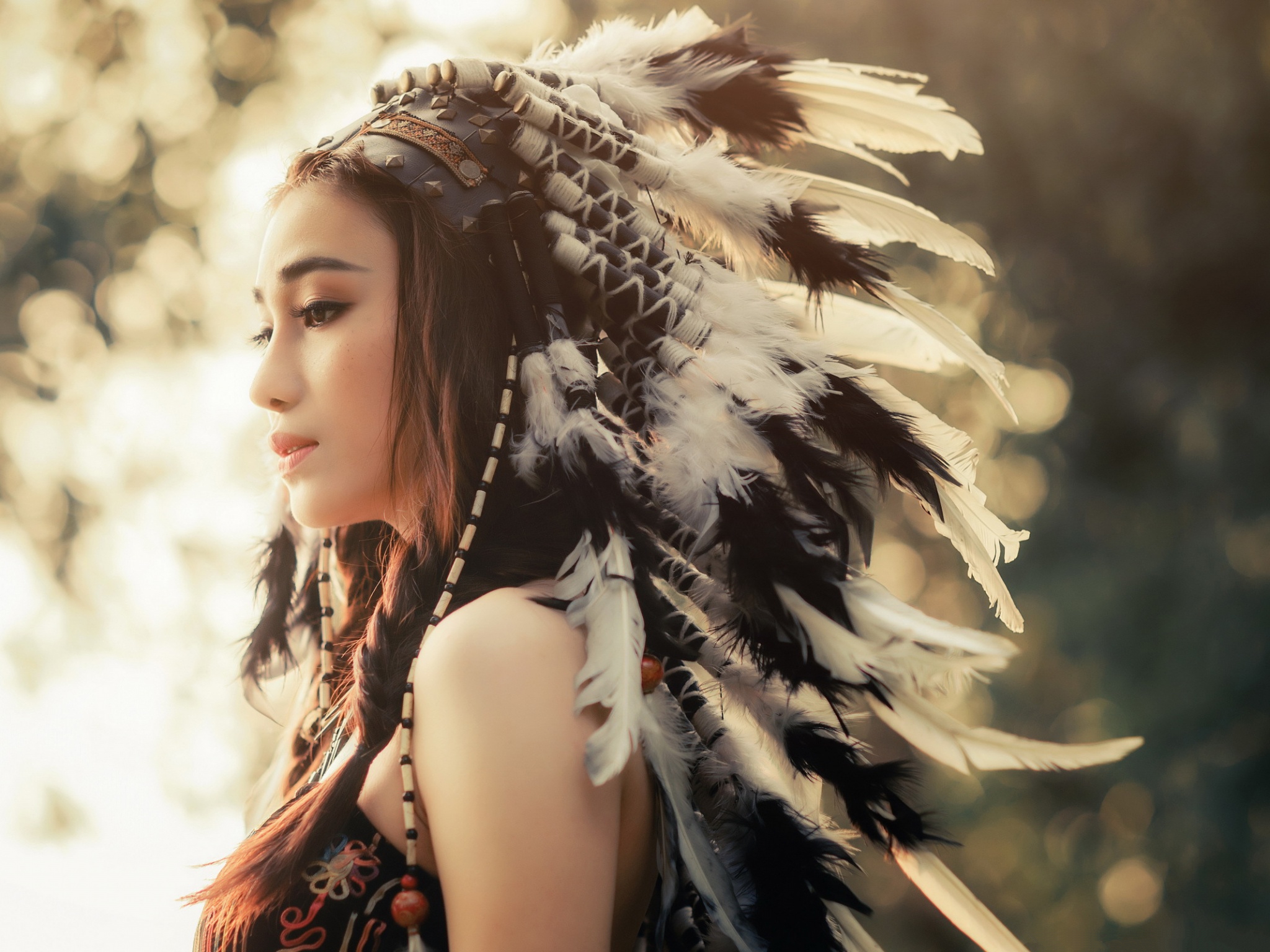 Download mobile wallpaper Feather, Brunette, Women, Braid, Asian, Brown Eyes, Native American for free.