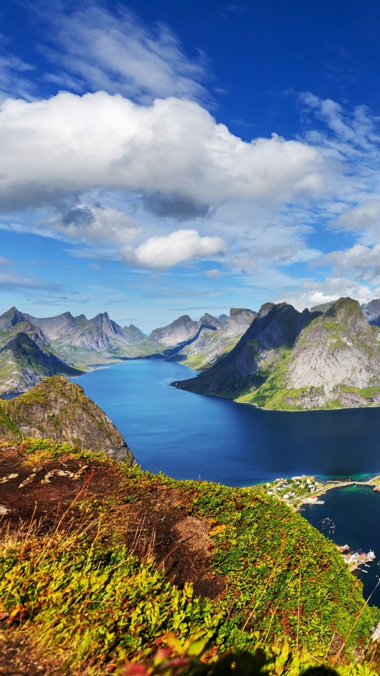 Download mobile wallpaper Landscape, Mountain, Lake, Ocean, Photography, Town, Aerial, Lofoten for free.