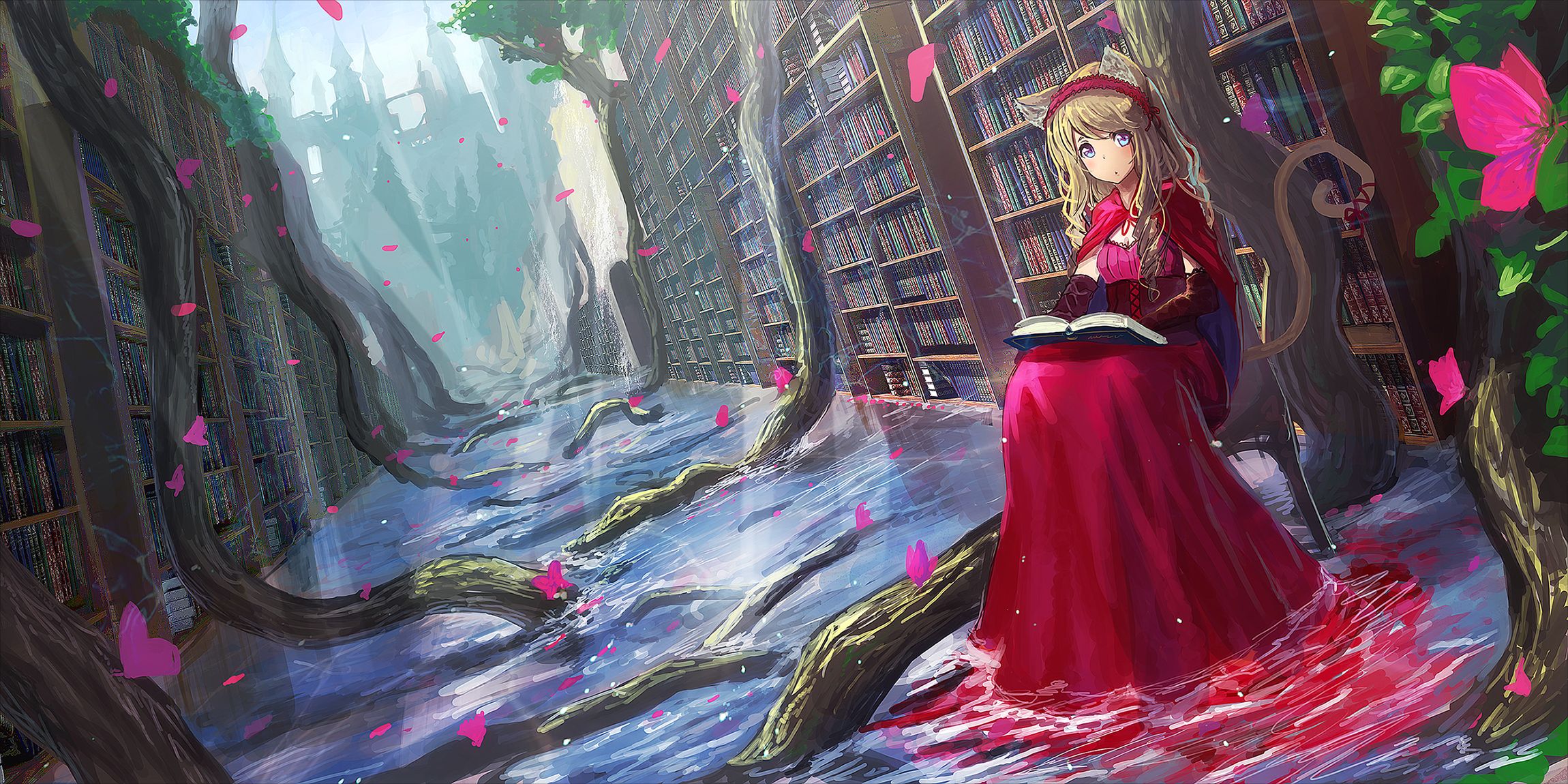 Download mobile wallpaper Anime, Water, Flower, Tree, Book, Blonde, Original for free.