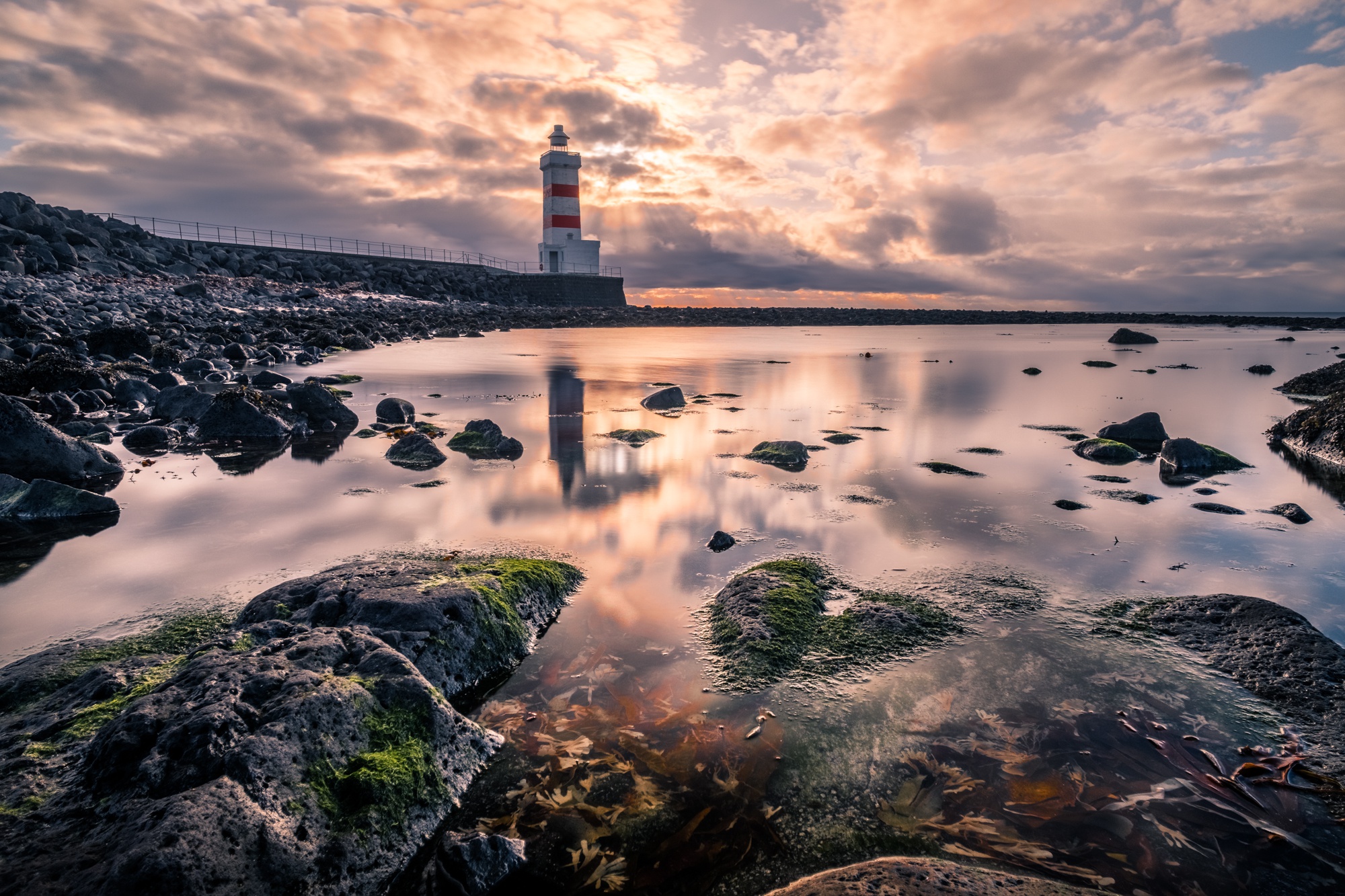 Download mobile wallpaper Reflection, Lighthouse, Cloud, Man Made for free.