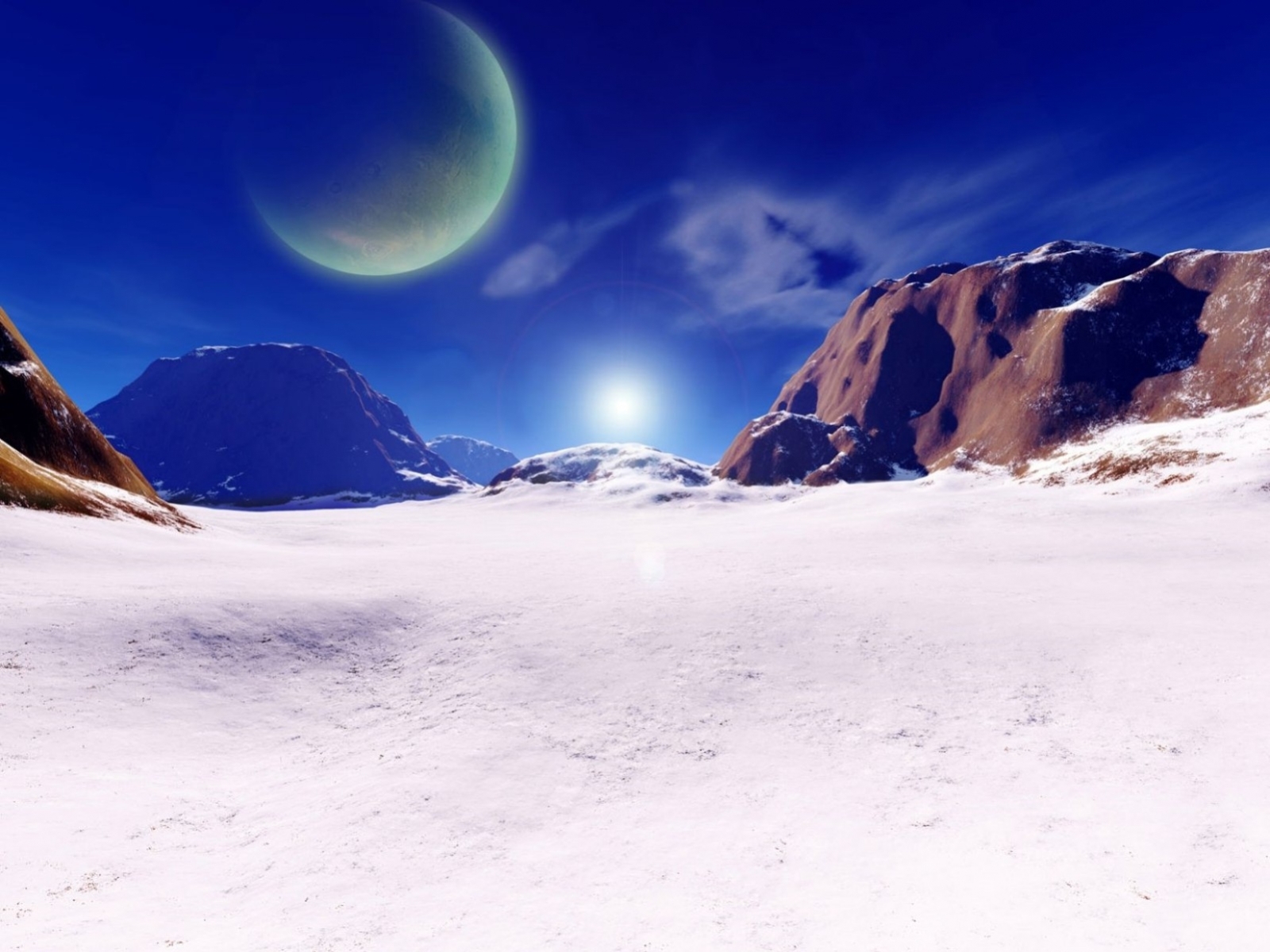 Baixe gratuitamente a imagem Inverno, Céu, Montanhas, Sol, Fantasia, Planetas na área de trabalho do seu PC