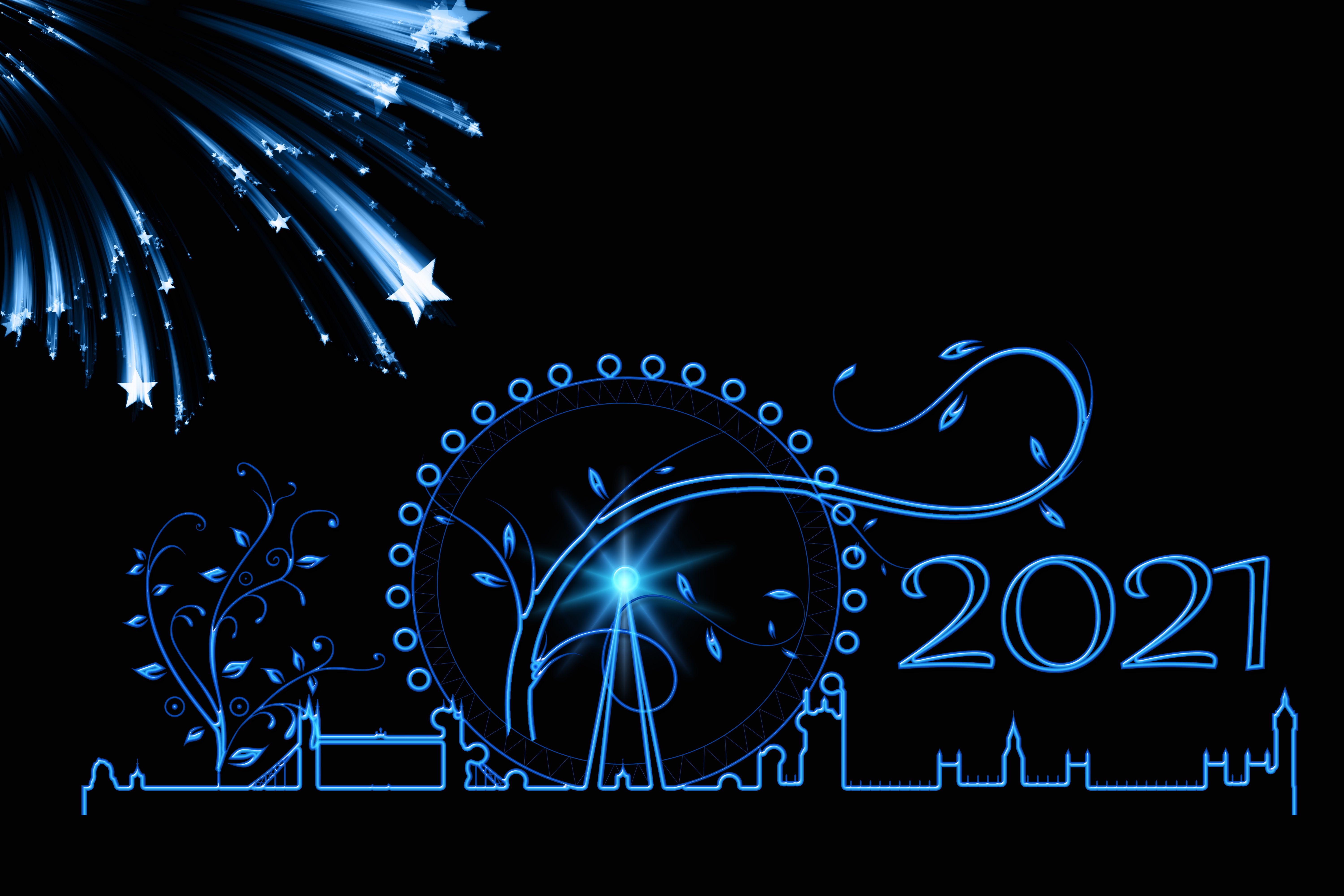 holiday, new year 2021, ferris wheel, fireworks, london eye, london, vector