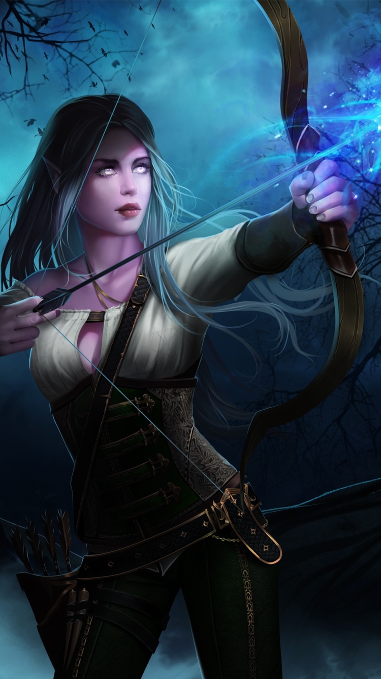 Download mobile wallpaper Night, Warcraft, Arrow, Bow, Elf, Blue Hair, Archer, Video Game, Long Hair, World Of Warcraft for free.