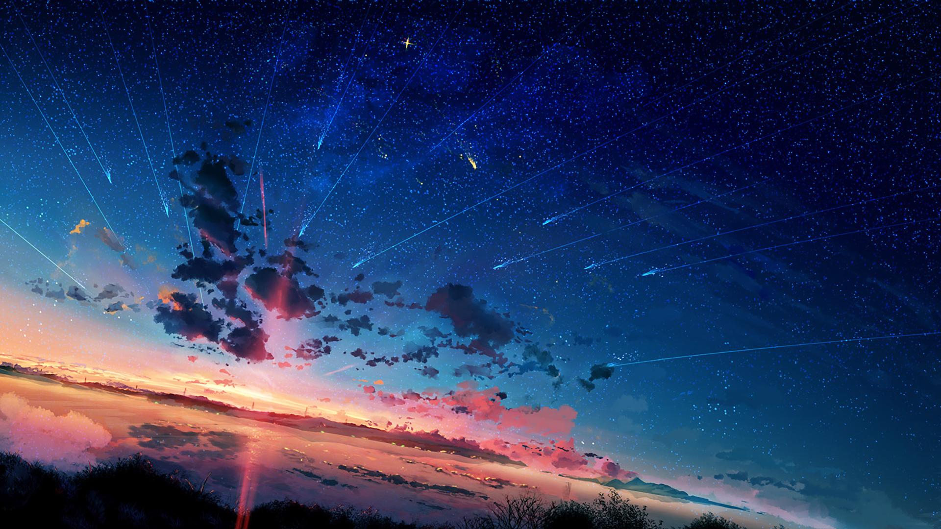 905400 скачать обои звездное небо, закат солнца, падающая звезда, аниме - заставки и картинки бесплатно