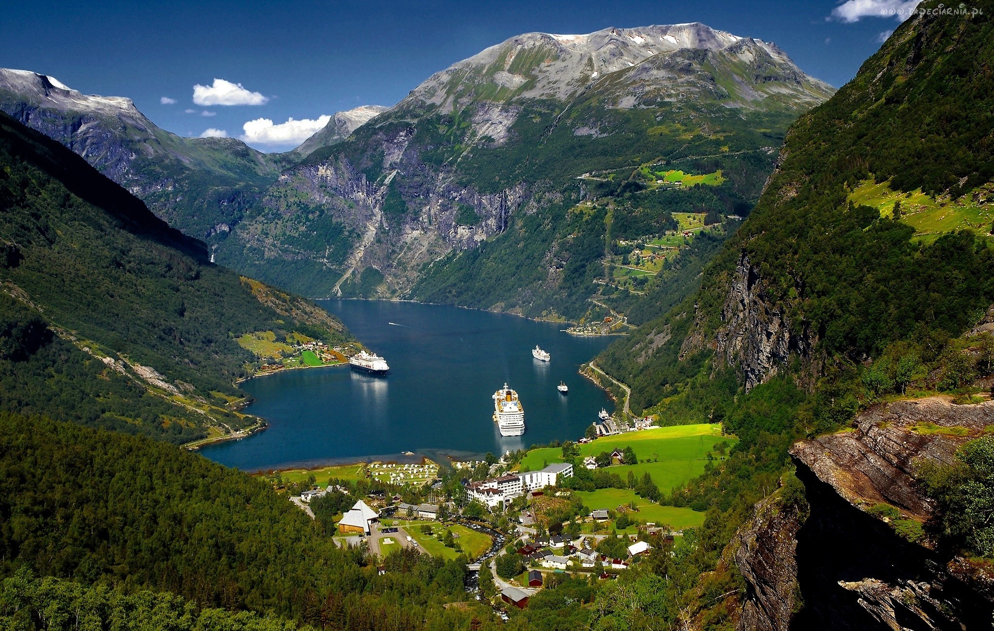 Download mobile wallpaper Mountain, Village, Norway, Cruise Ship, Man Made, Fjord for free.