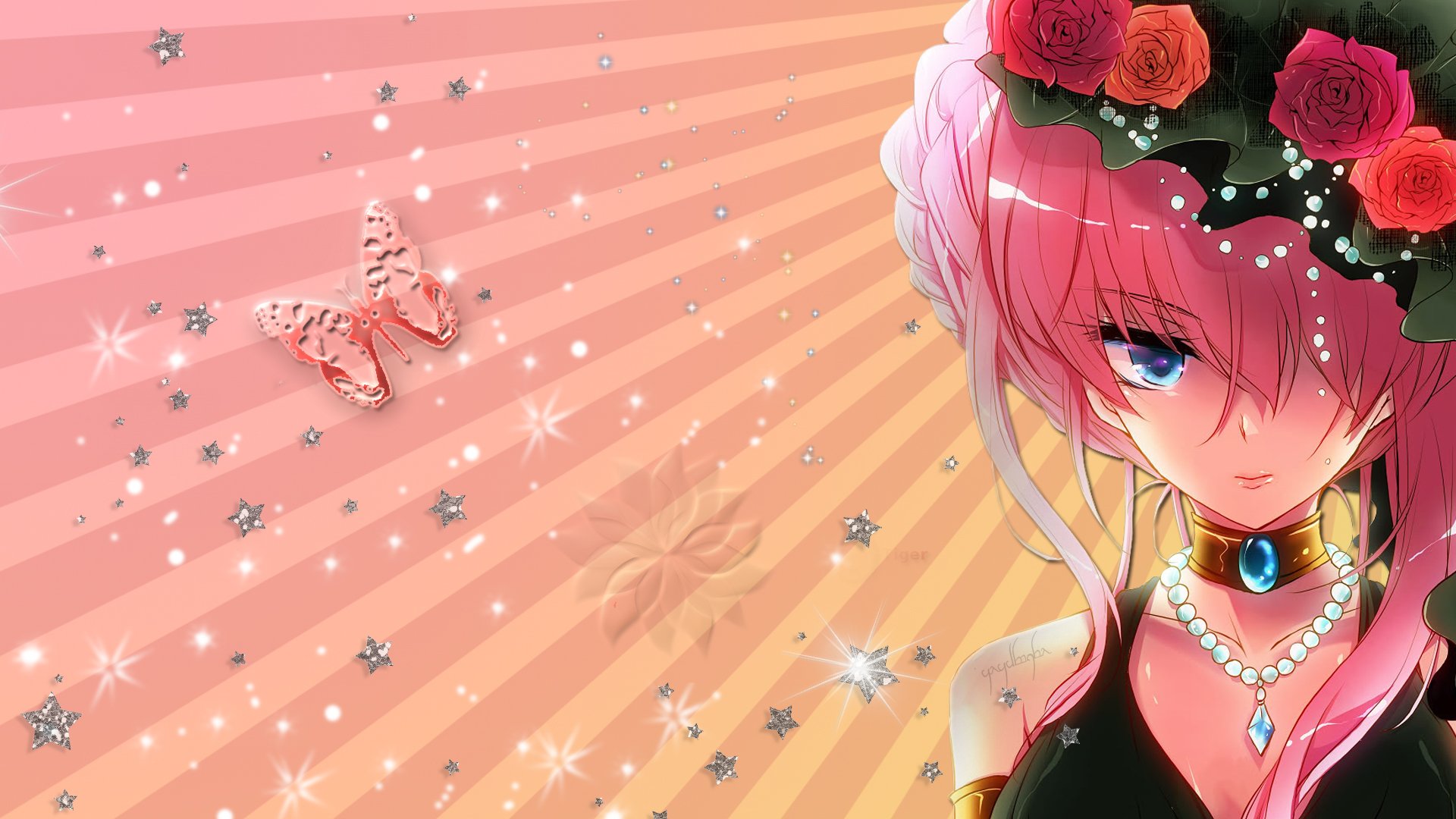 Descarga gratis la imagen Flor, Mariposa, Vocaloid, Luka Megurine, Ojos Azules, Animado, Cabello Rosado en el escritorio de tu PC