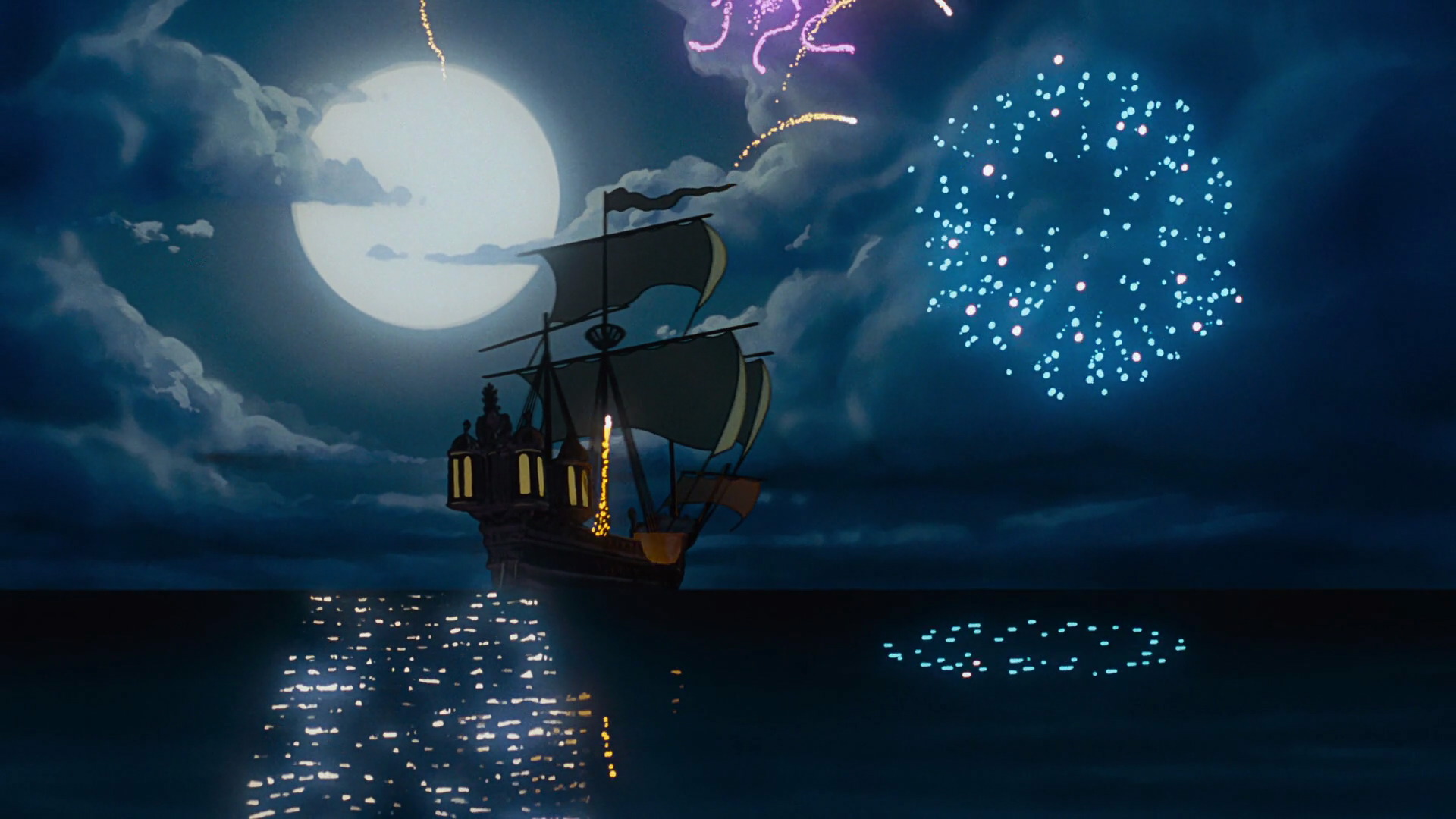 Free download wallpaper Sea, Moon, Ship, Fireworks, Movie, The Little Mermaid, The Little Mermaid (1989) on your PC desktop