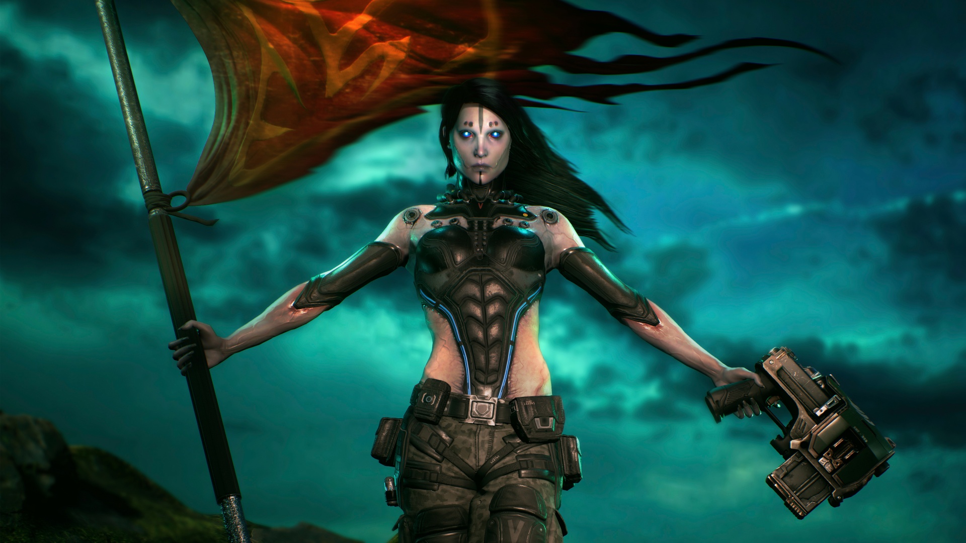 Download mobile wallpaper Fantasy, Flag, Armor, Gun, Women Warrior for free.