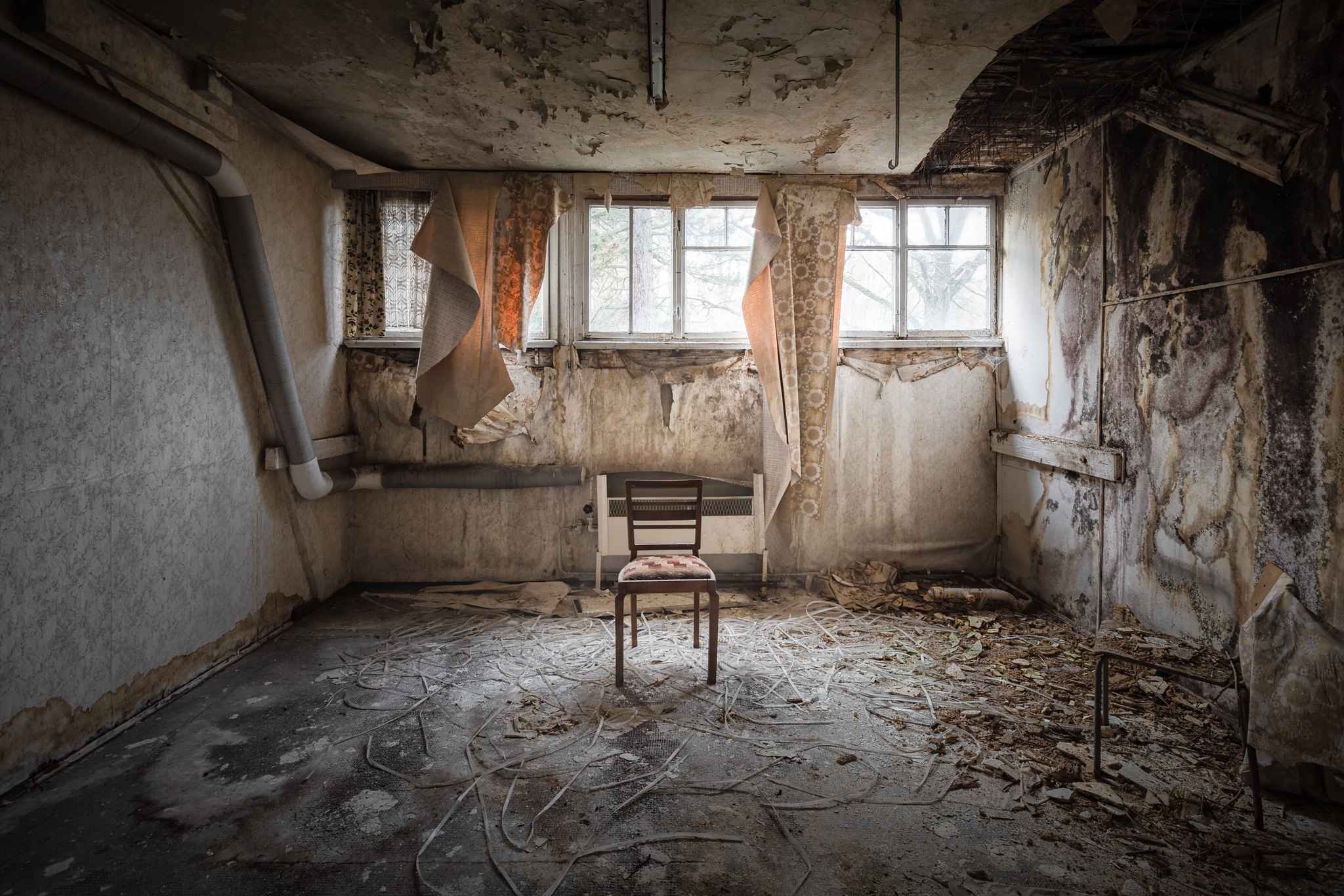 Download mobile wallpaper Chair, Window, Room, Ruin, Abandoned, Man Made for free.