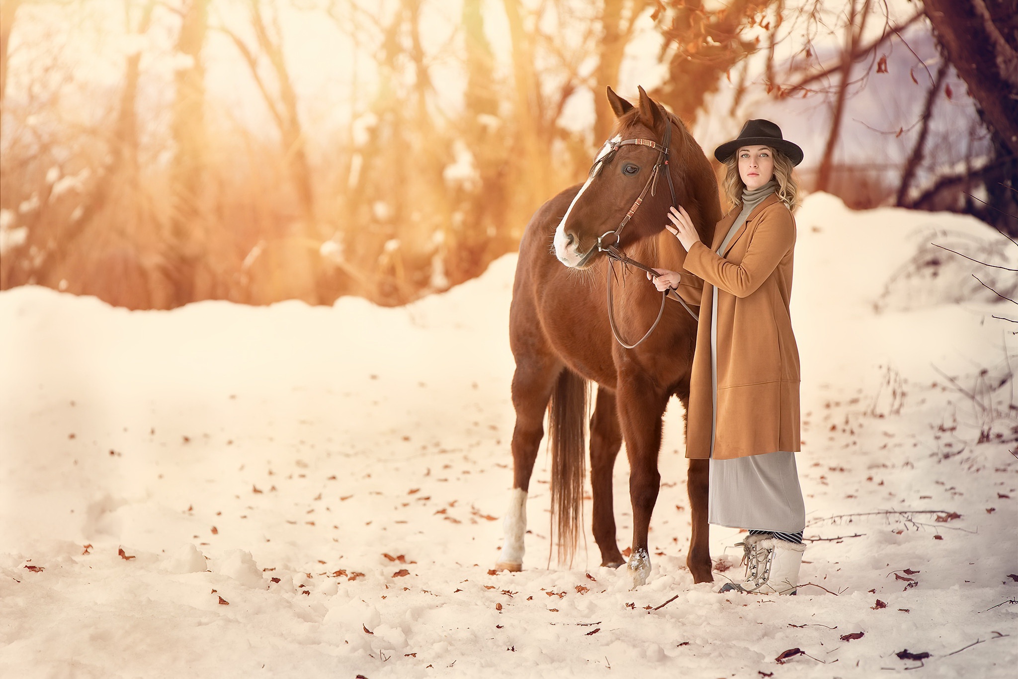 Download mobile wallpaper Winter, Horse, Hat, Model, Women for free.