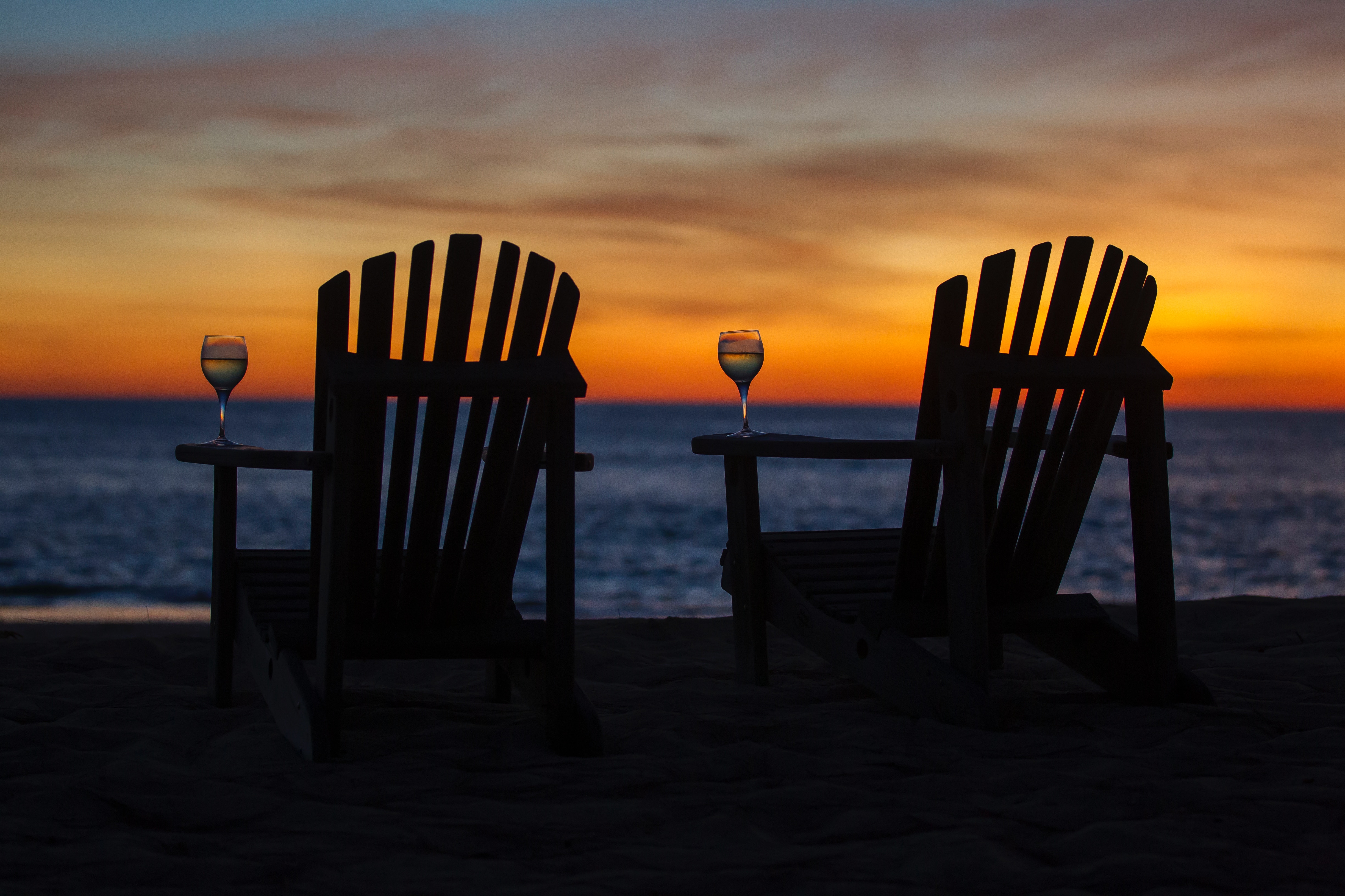 goblet, sunset, beach, dark, chair, relaxation, rest, wineglass
