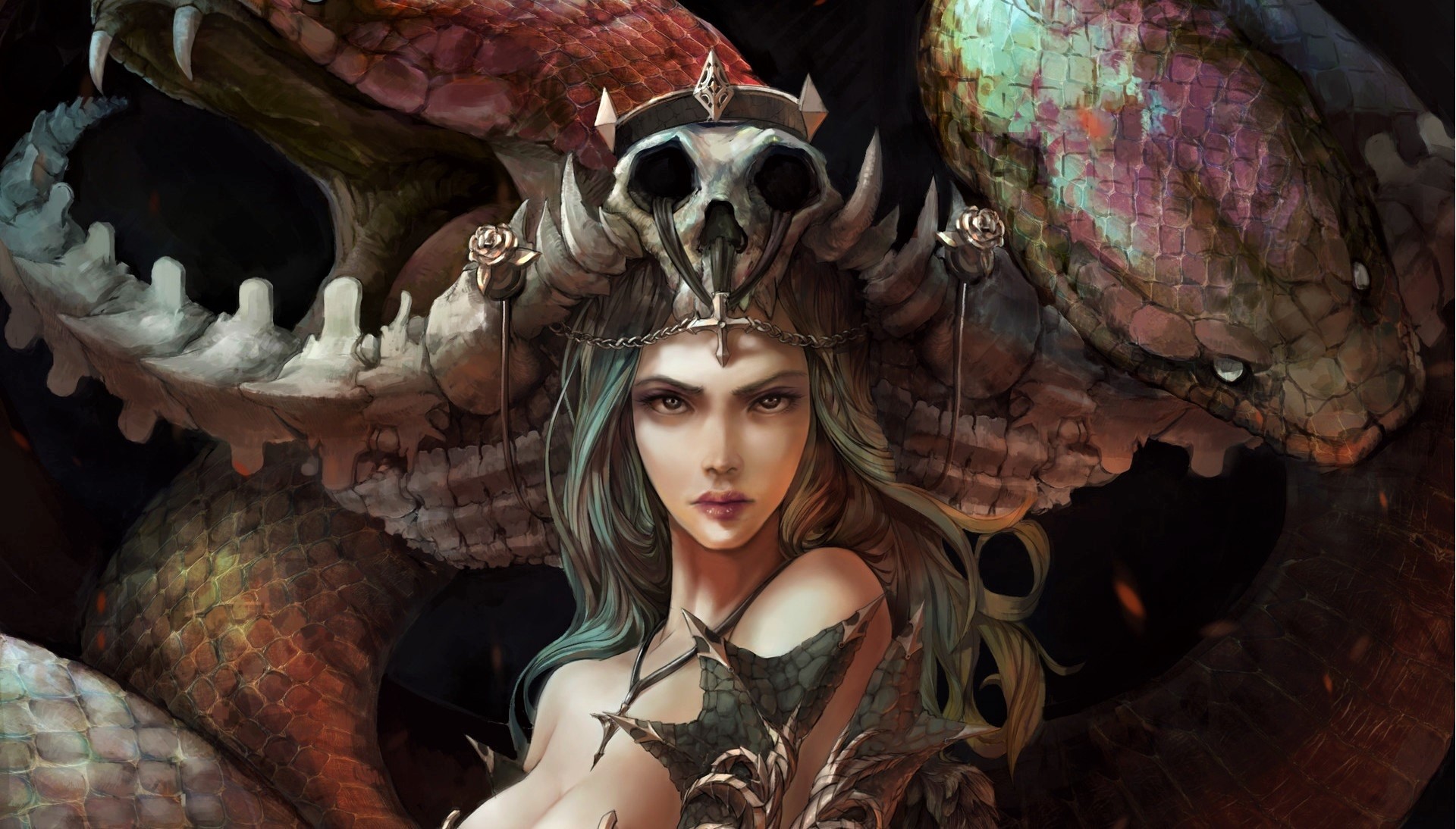 Laden Sie das Fantasie, Krone, Drachen, Schlange, Skelett, Kriegerin, Frau Krieger-Bild kostenlos auf Ihren PC-Desktop herunter