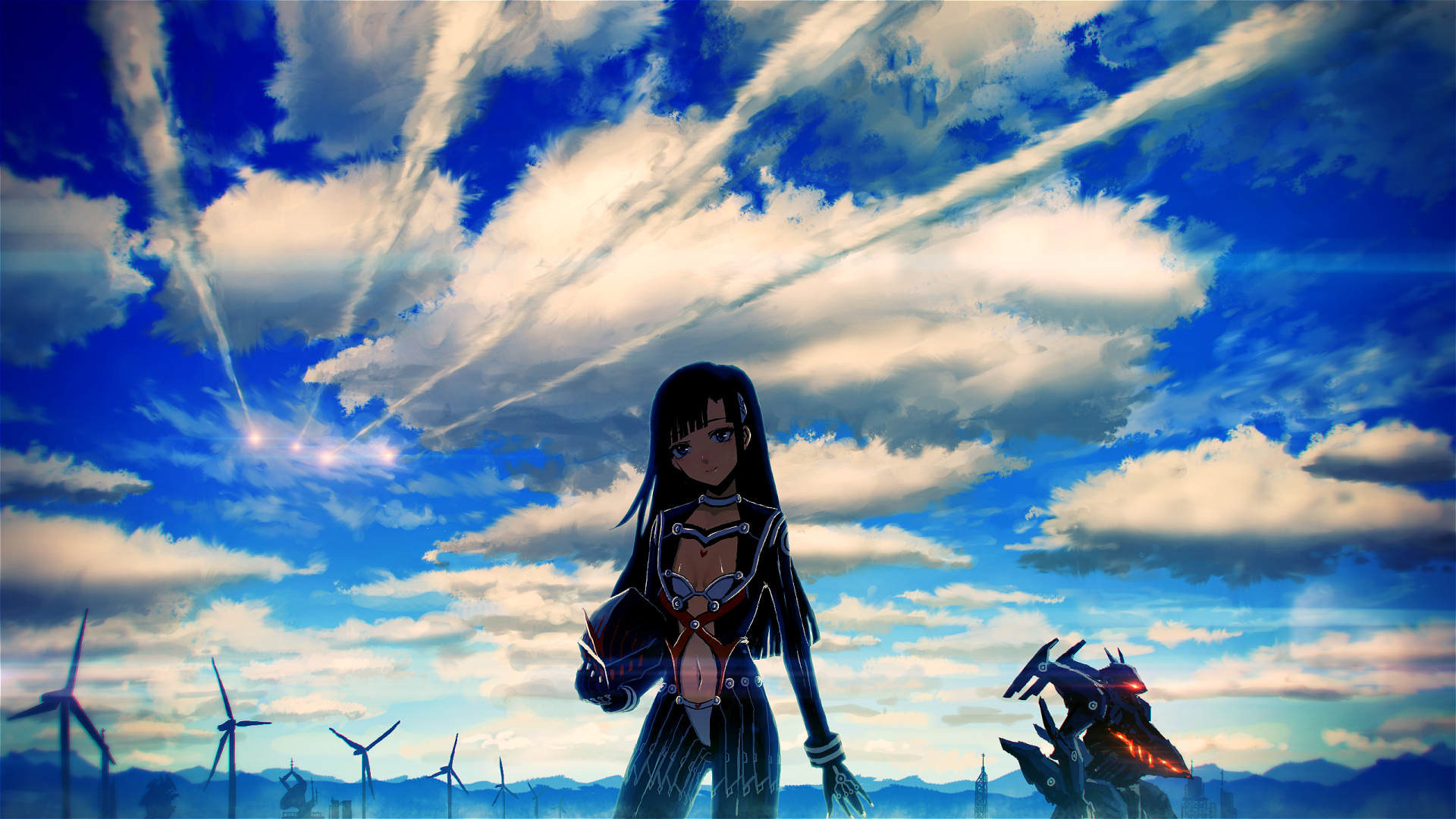 anime, original, futuristic, sky, wind turbine