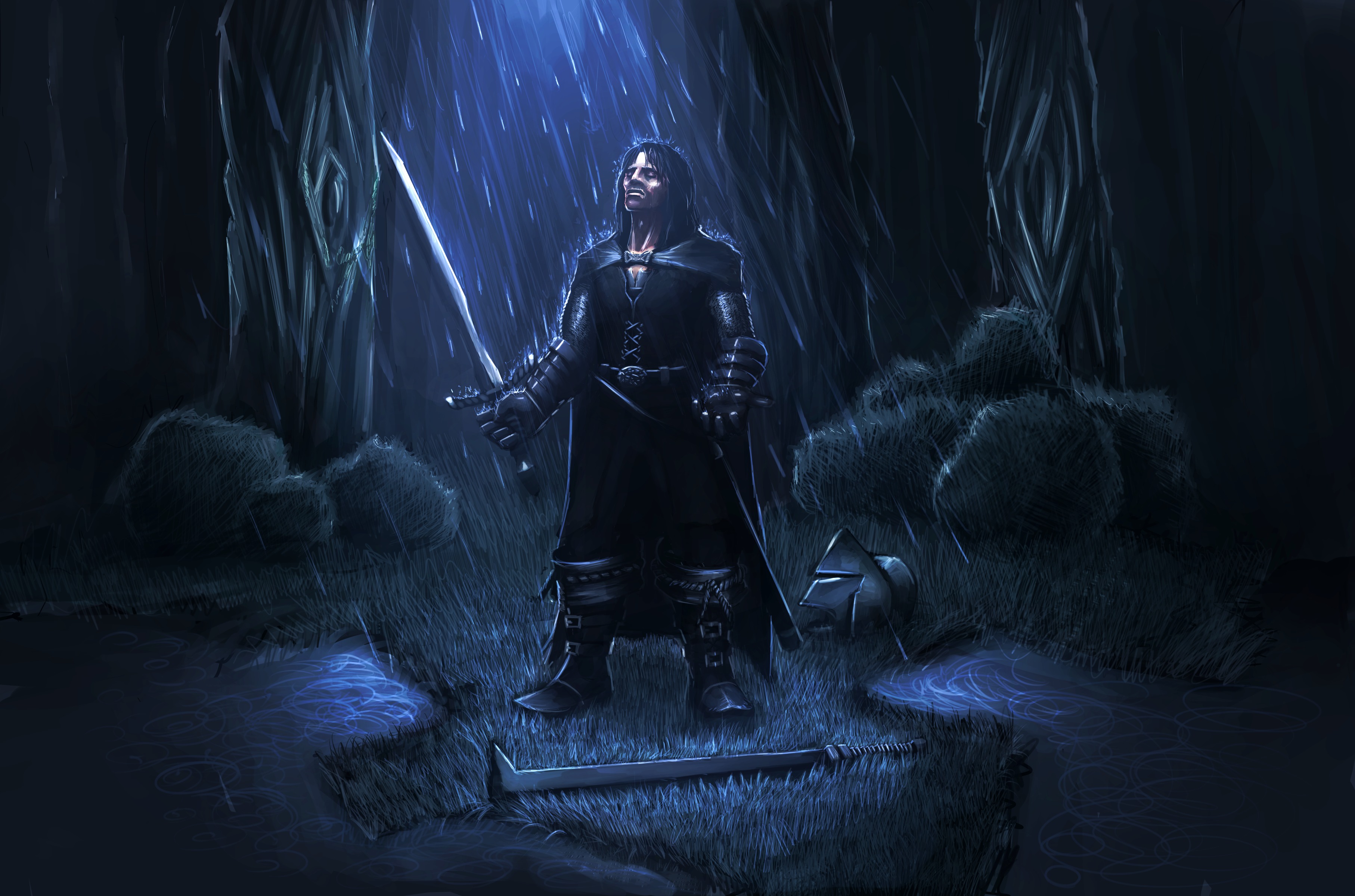 Free download wallpaper Fantasy, Rain, Night, Forest, Warrior, Sword on your PC desktop