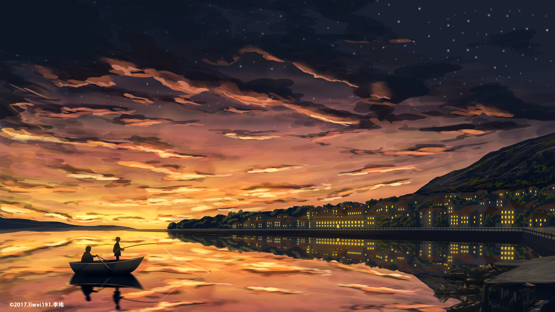 Laden Sie das Boot, Original, Sonnenuntergang, Animes, Großstadt, Sternenklarer Himmel-Bild kostenlos auf Ihren PC-Desktop herunter