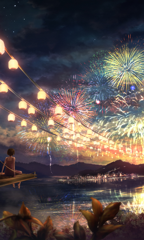 Download mobile wallpaper Anime, Sunset, Lantern, Fireworks, Festival for free.