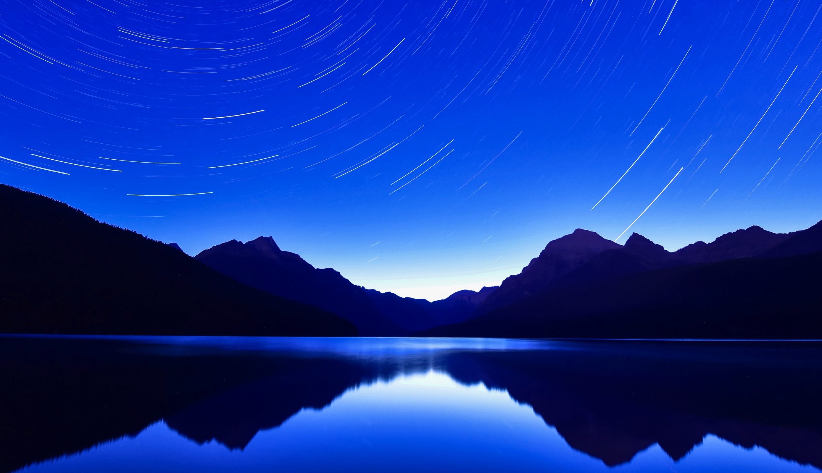 earth, star trail, blue, lake, mountain, nature, night, reflection, stars
