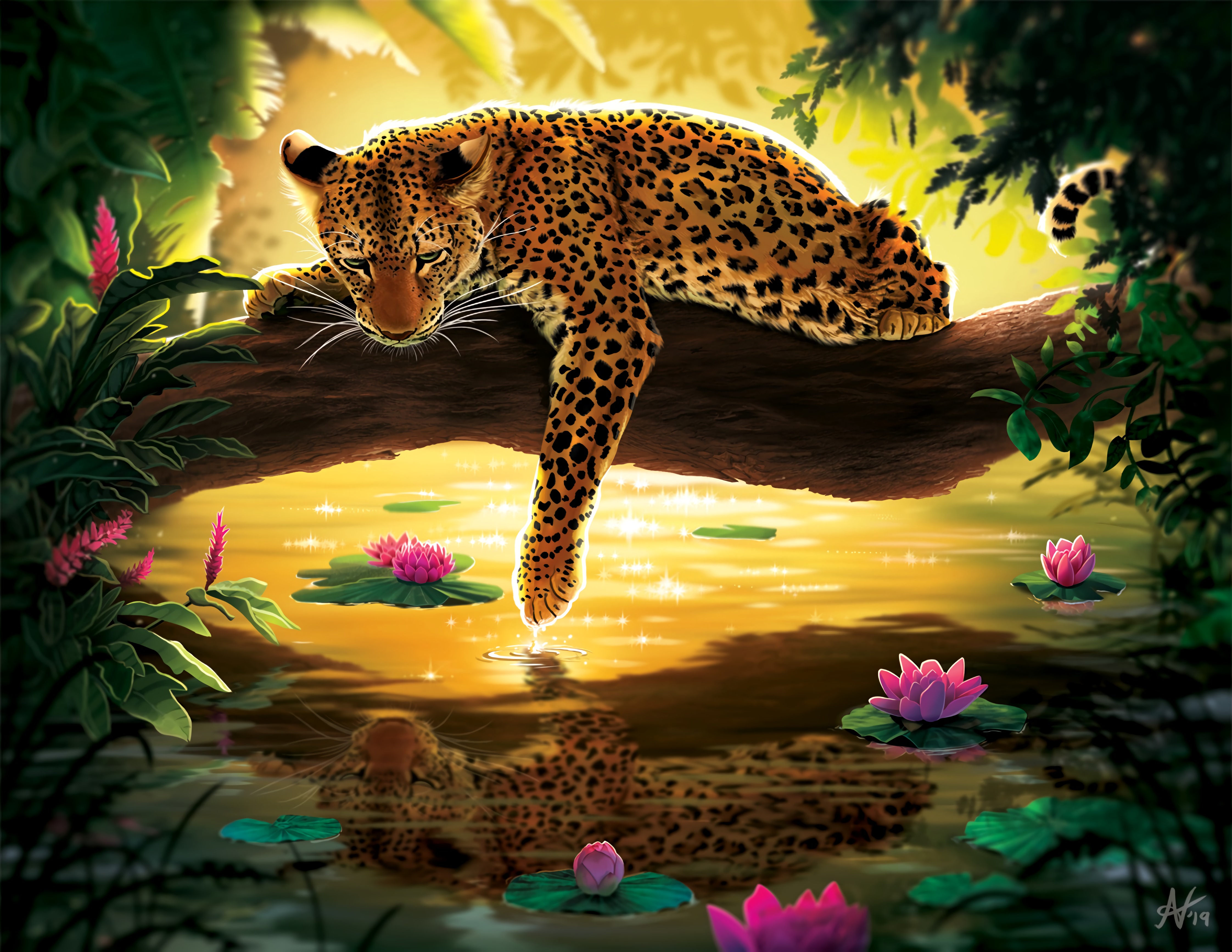 Laden Sie das Seerosen, Holz, Baum, Wasser, Leopard, Kunst-Bild kostenlos auf Ihren PC-Desktop herunter