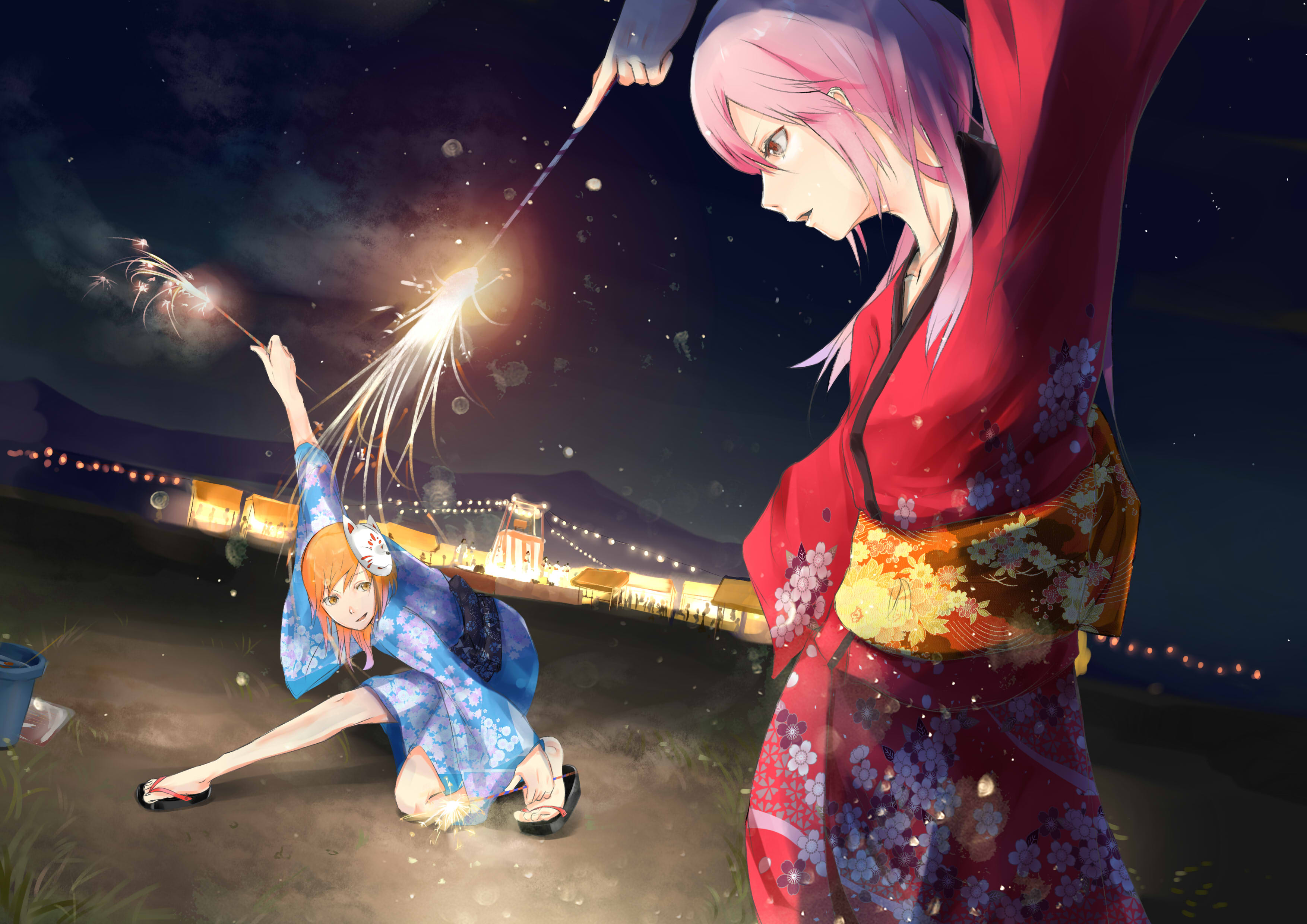 Free download wallpaper Anime, Night, Fireworks, Original, Festival, Yukata on your PC desktop