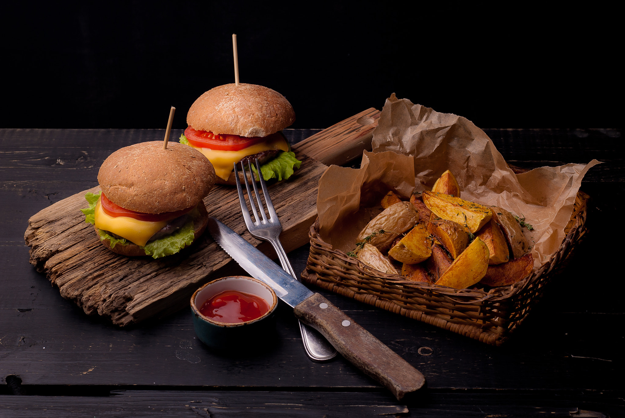 Download mobile wallpaper Food, Still Life, Burger, Potato for free.