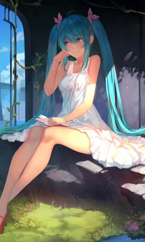 Download mobile wallpaper Music, Anime, Vocaloid, Blue Eyes, Blue Hair, Hatsune Miku, Long Hair, Twintails, White Dress for free.