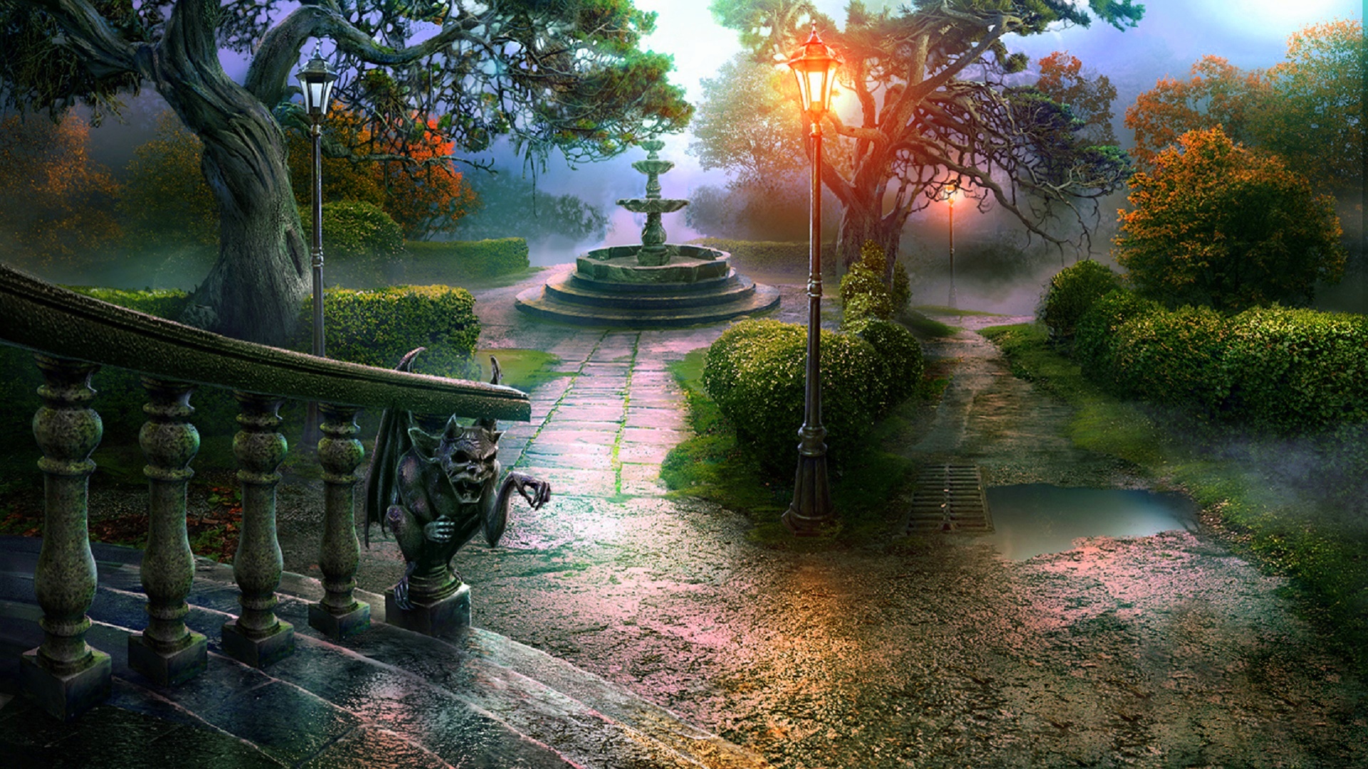 Free download wallpaper Landscape, Fantasy, Tree, Fall, Stairs, Artistic on your PC desktop
