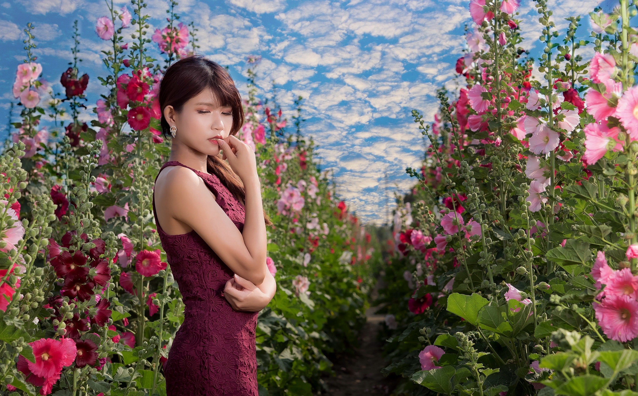 Download mobile wallpaper Flower, Mood, Brunette, Model, Women, Asian, Pink Flower, Purple Dress for free.