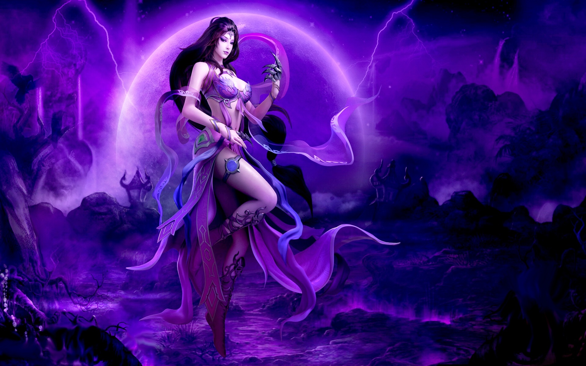 Download mobile wallpaper Fantasy, Moon, Purple, Warrior for free.