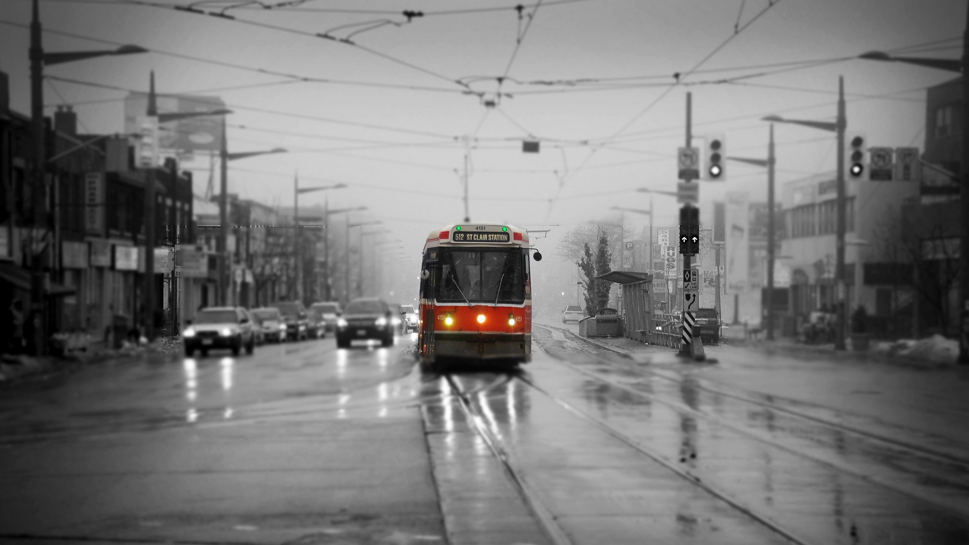 vehicles, rain, tram, toronto, traffic