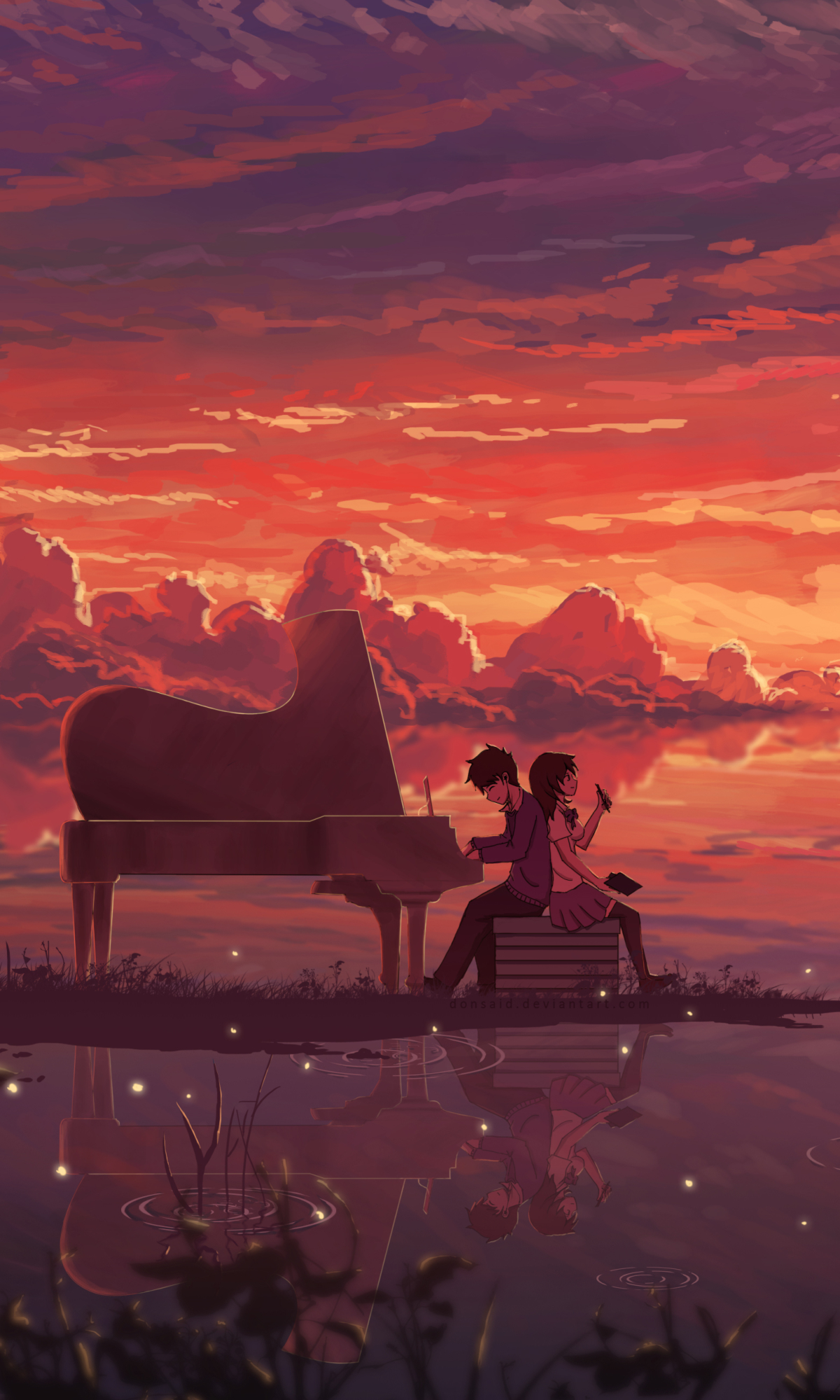 Download mobile wallpaper Anime, Sunset, Piano, Reflection, Couple for free.