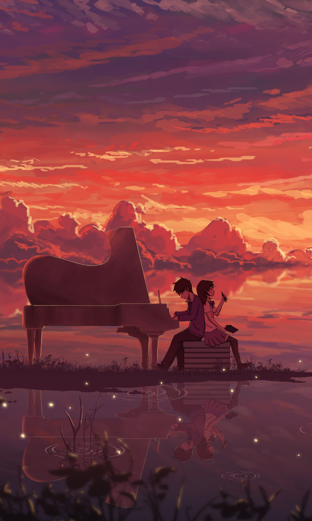 Baixar papel de parede para celular de Anime, Pôr Do Sol, Piano, Reflexão, Casal, Reflecção gratuito.