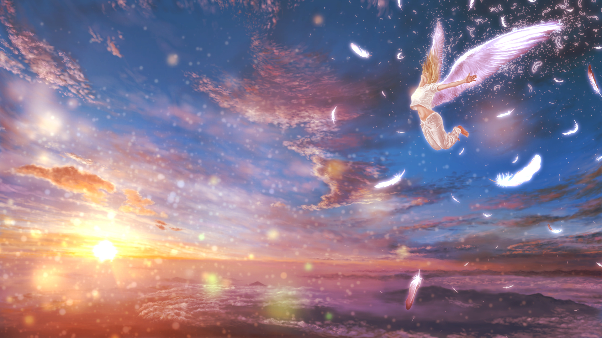 Download mobile wallpaper Fantasy, Feather, Wings, Angel, Cloud, Sunshine for free.
