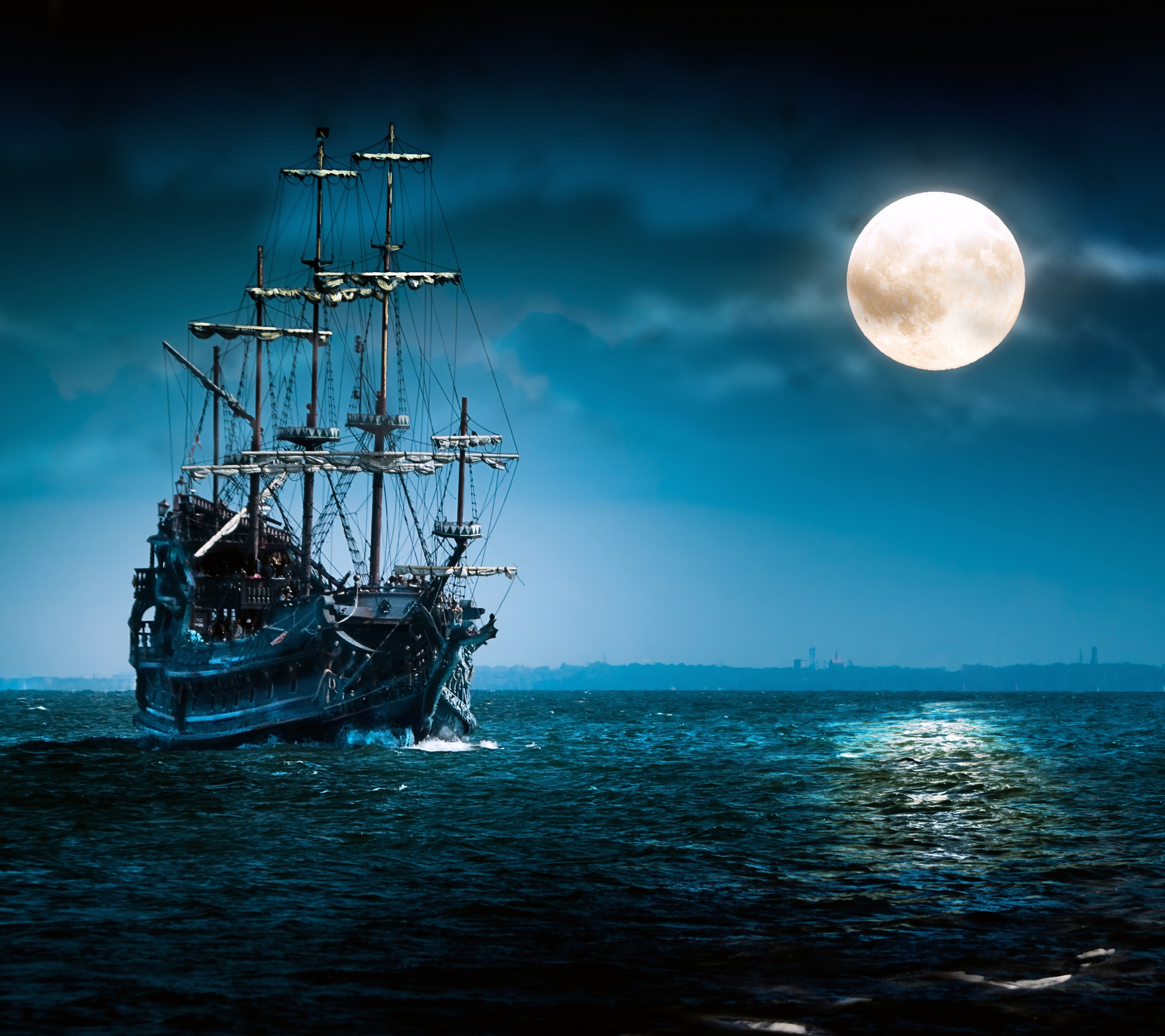 Laden Sie das Fantasie, Mond, Segelboot, Schiff, Nacht-Bild kostenlos auf Ihren PC-Desktop herunter