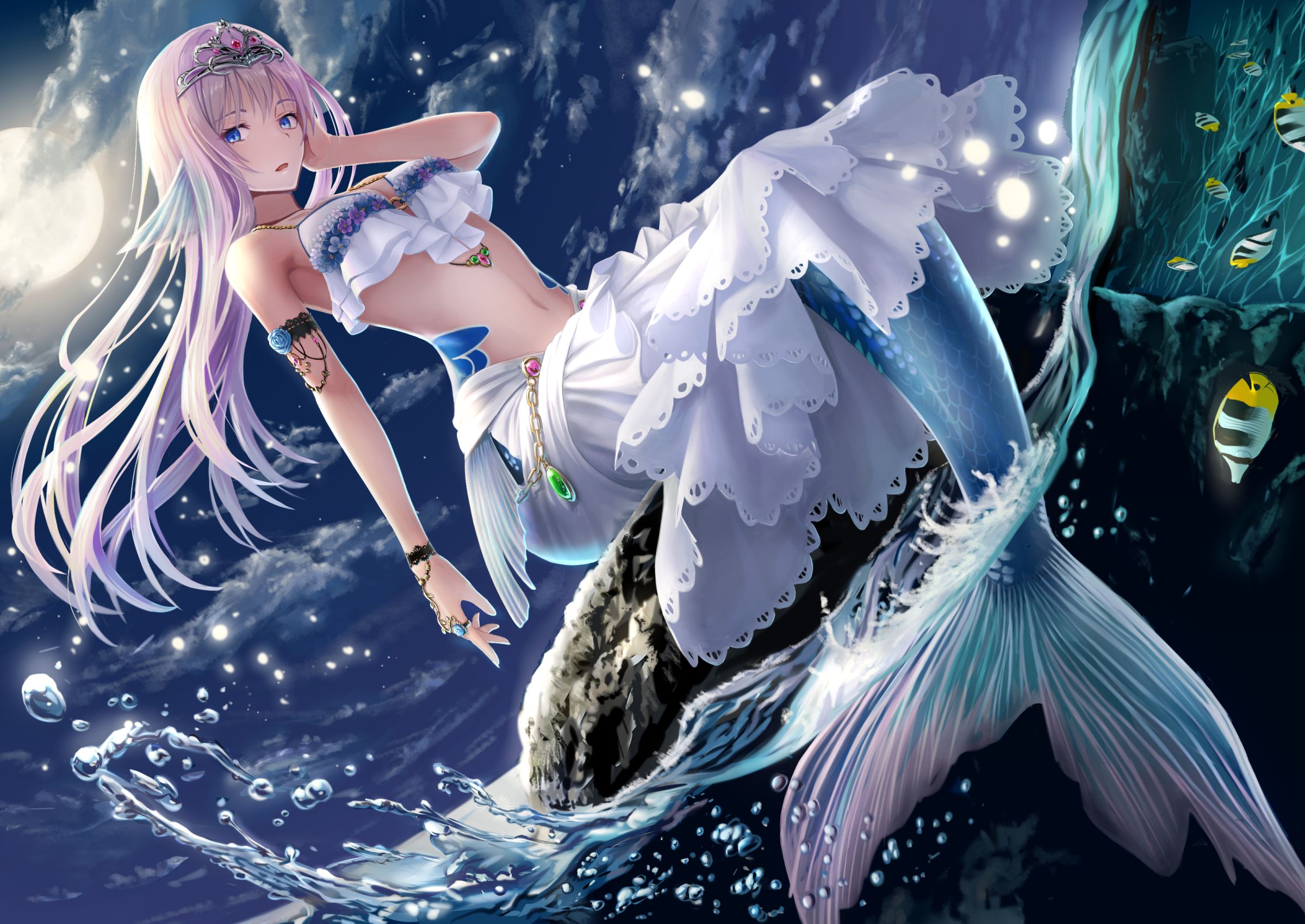 Laden Sie das Fisch, Nacht, Meerjungfrau, Animes, The Mermaid-Bild kostenlos auf Ihren PC-Desktop herunter