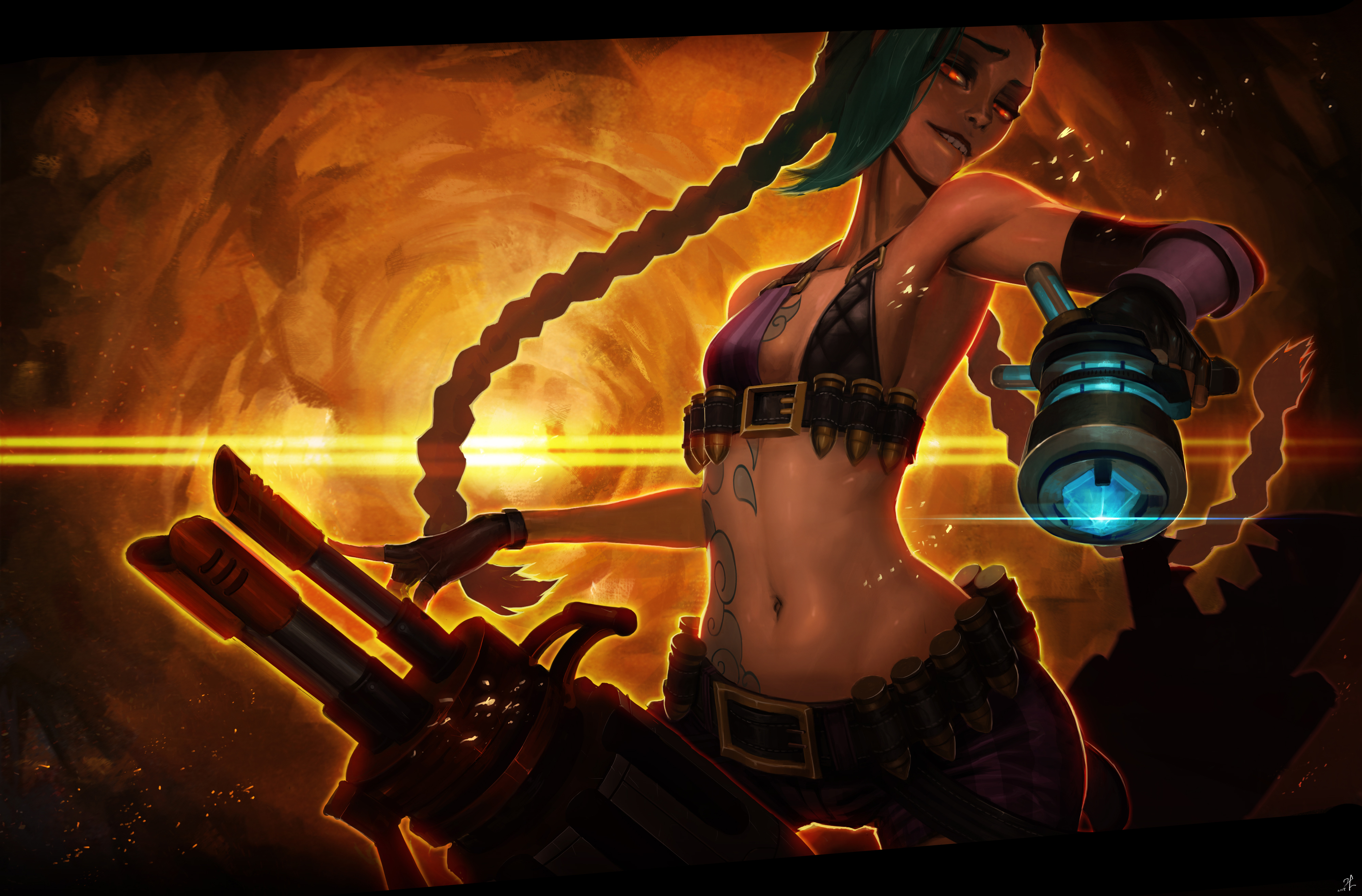 Download mobile wallpaper Weapon, League Of Legends, Braid, Blue Hair, Red Eyes, Video Game, Long Hair, Woman Warrior, Jinx (League Of Legends) for free.