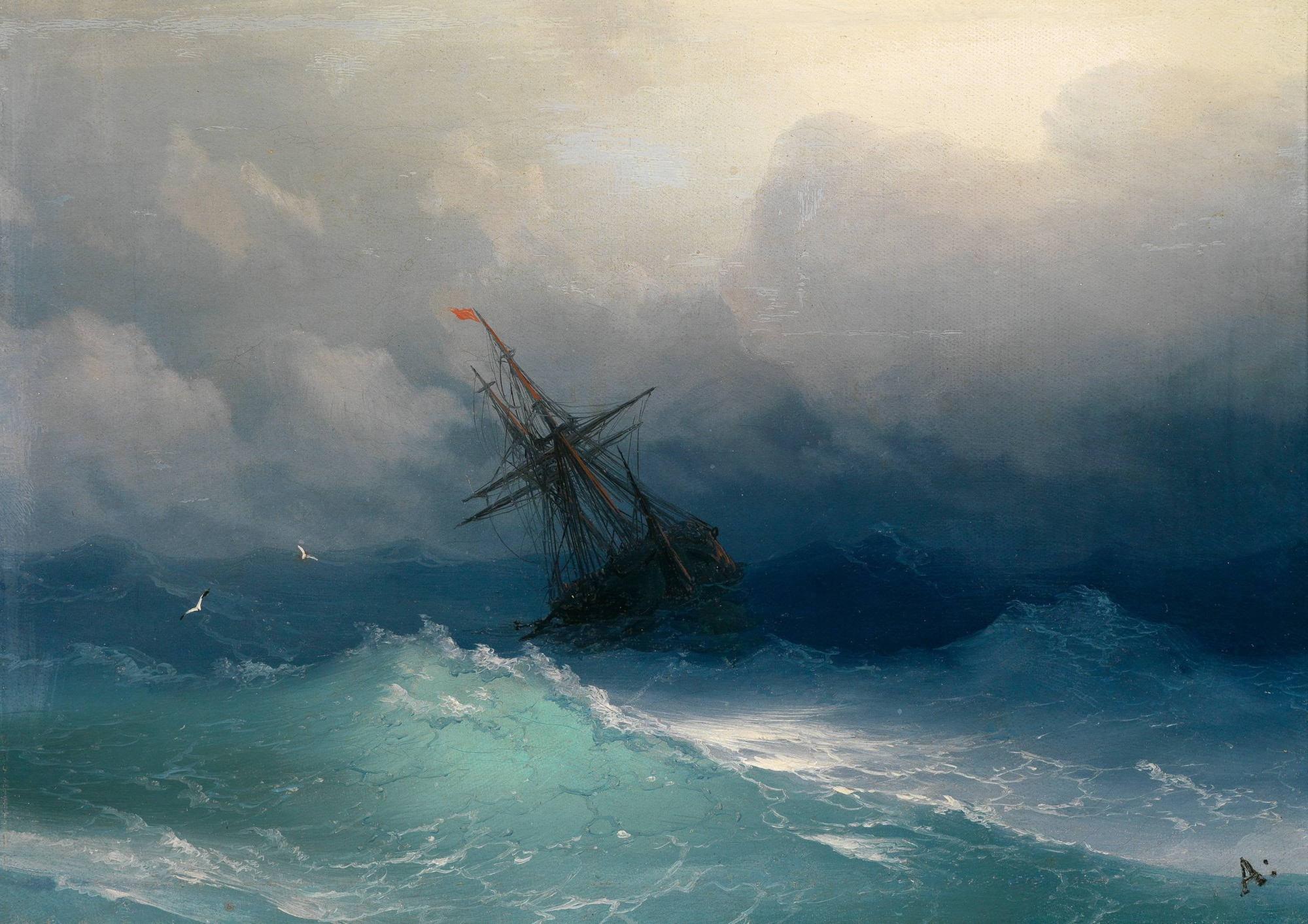 613250 завантажити картинку живопис, корабель, художній, море, буря - шпалери і заставки безкоштовно