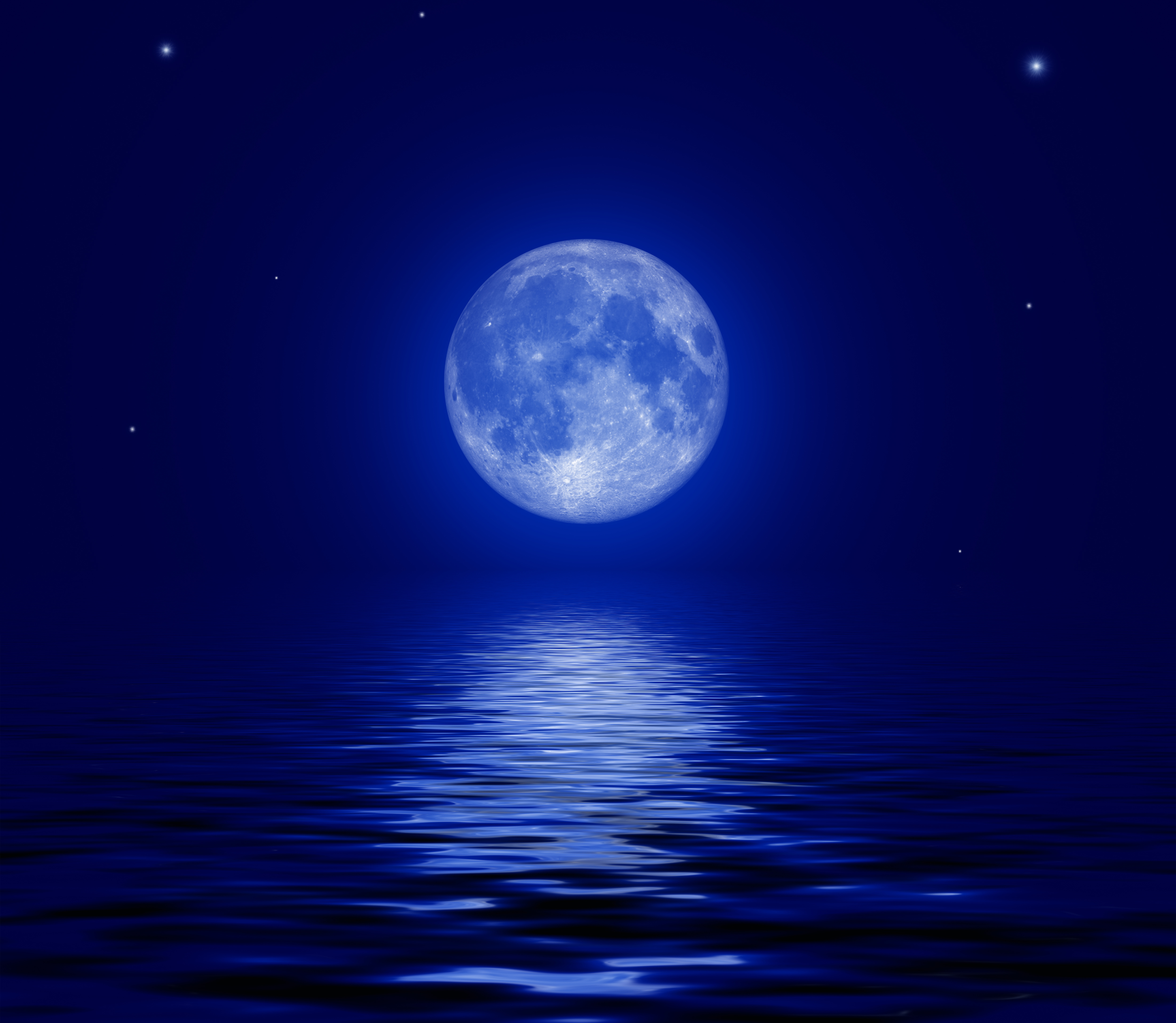 Скачать картинку Звезды, Луна, Отражение, Океан, Синий, Художественные в телефон бесплатно.