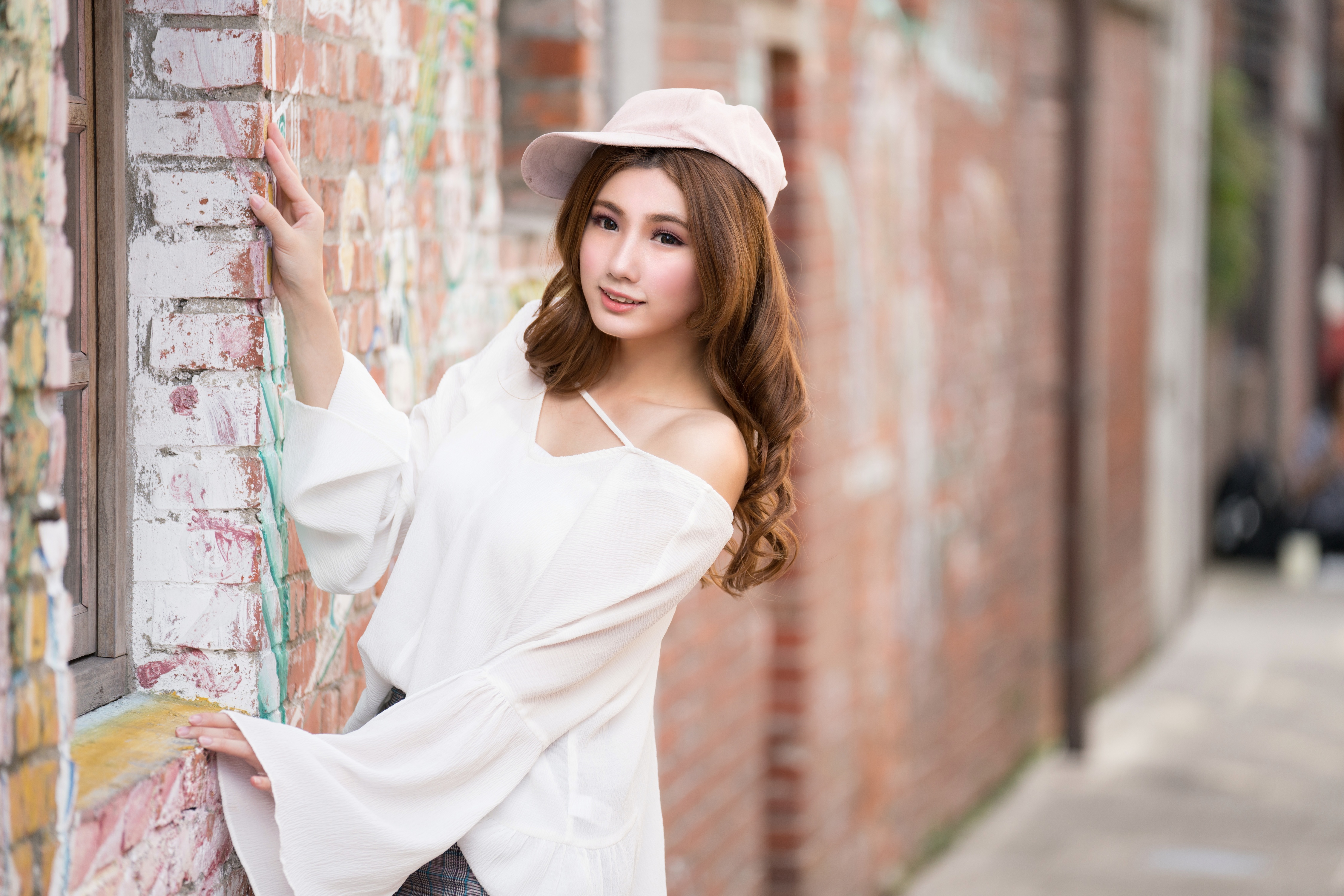 Download mobile wallpaper Cap, Brunette, Model, Women, Asian, Depth Of Field for free.